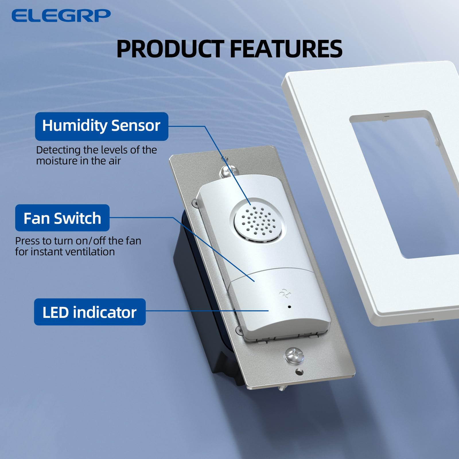 ELEGRP Humidity Sensor Switch for Exhaust Fan, Bathroom Moisture Control, Automate Ventilation, Air Circulation, Ground Wire Required, Single Pole, White