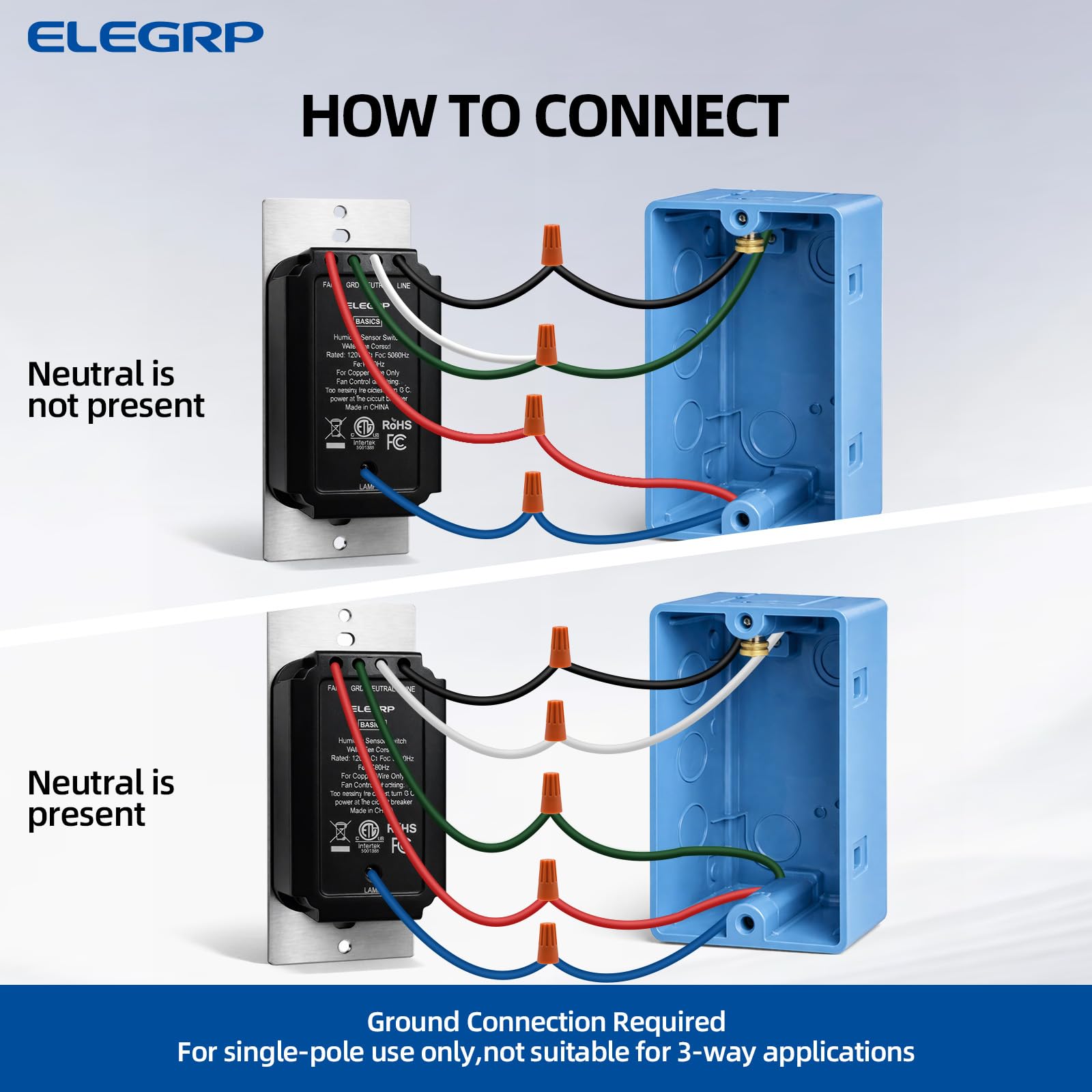 ELEGRP Dual Combination Humidity Sensor Switch with Light Control, Exhaust Fan Automate Ventilation, Moisture Control, Air Circulation for Bathroom, Ground Wire Required, Single Pole