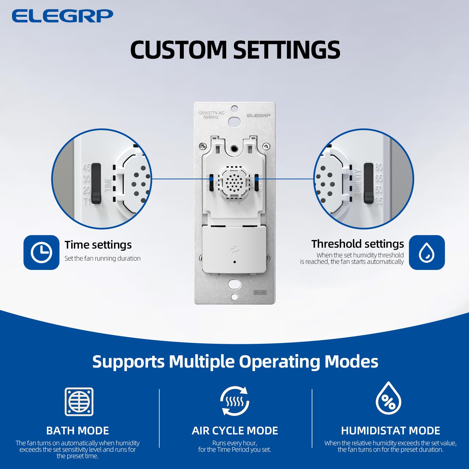 ELEGRP Humidity Sensor Switch for Exhaust Fan, Bathroom Moisture Control, Automate Ventilation, Air Circulation, Ground Wire Required, Single Pole, White