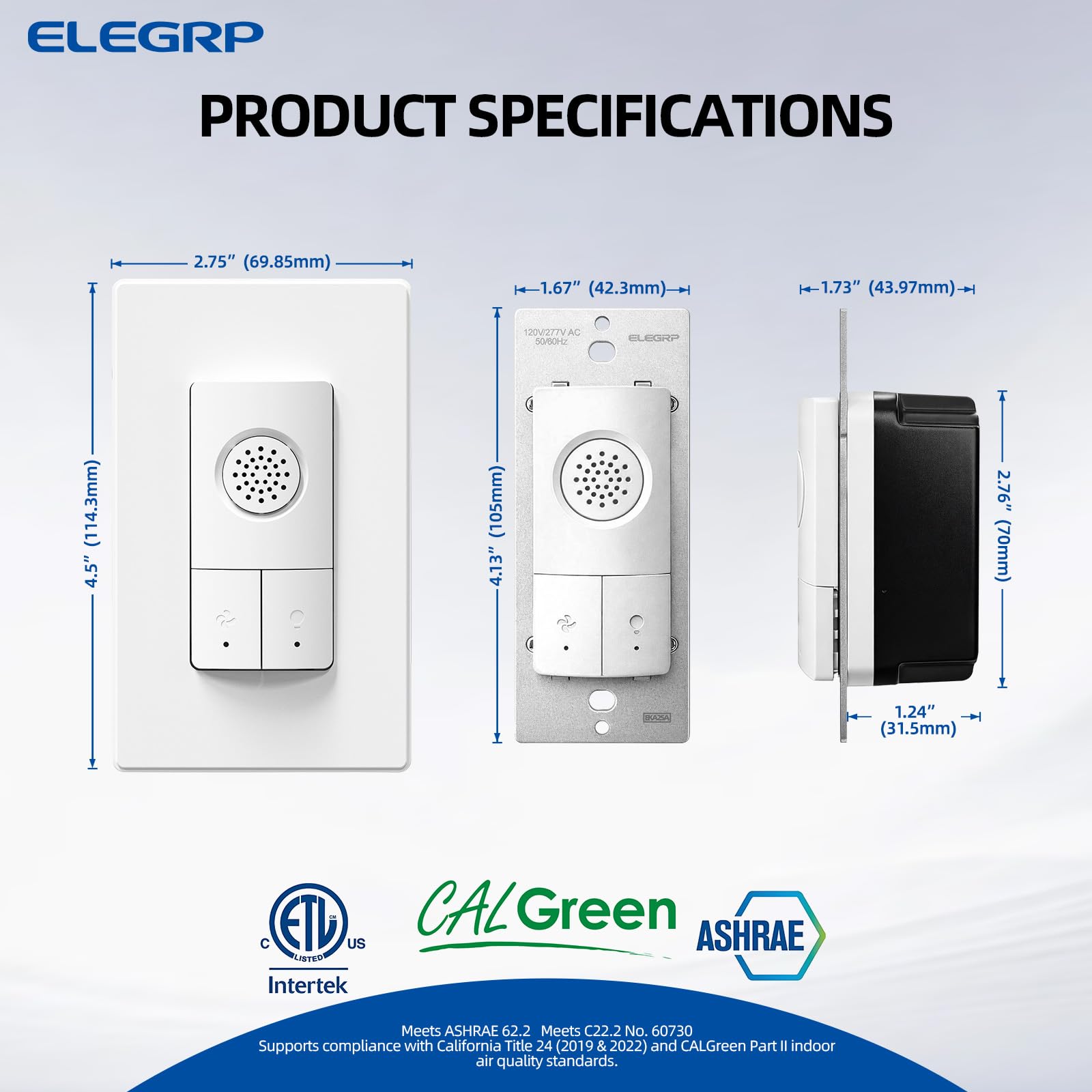 ELEGRP Dual Combination Humidity Sensor Switch with Light Control, Exhaust Fan Automate Ventilation, Moisture Control, Air Circulation for Bathroom, Ground Wire Required, Single Pole