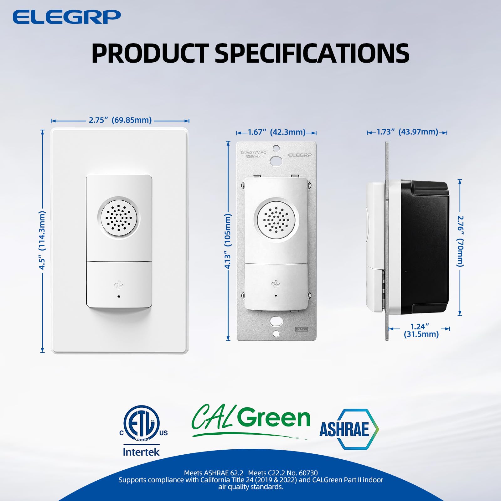 ELEGRP Humidity Sensor Switch for Exhaust Fan, Bathroom Moisture Control, Automate Ventilation, Air Circulation, Ground Wire Required, Single Pole, White