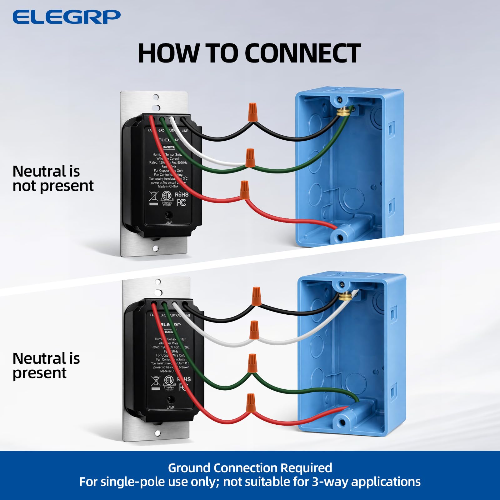 ELEGRP Humidity Sensor Switch for Exhaust Fan, Bathroom Moisture Control, Automate Ventilation, Air Circulation, Ground Wire Required, Single Pole, White