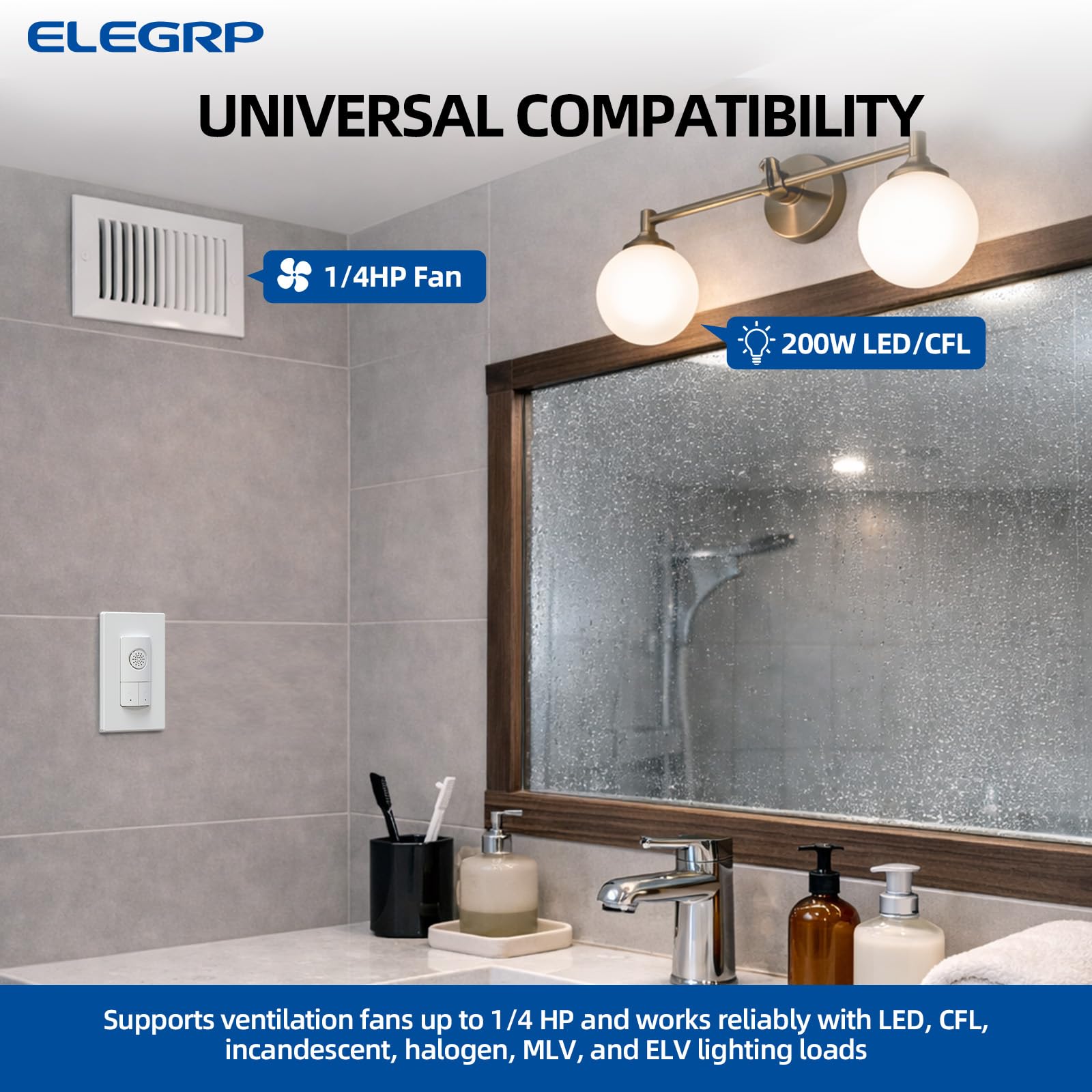 ELEGRP Dual Combination Humidity Sensor Switch with Light Control, Exhaust Fan Automate Ventilation, Moisture Control, Air Circulation for Bathroom, Ground Wire Required, Single Pole