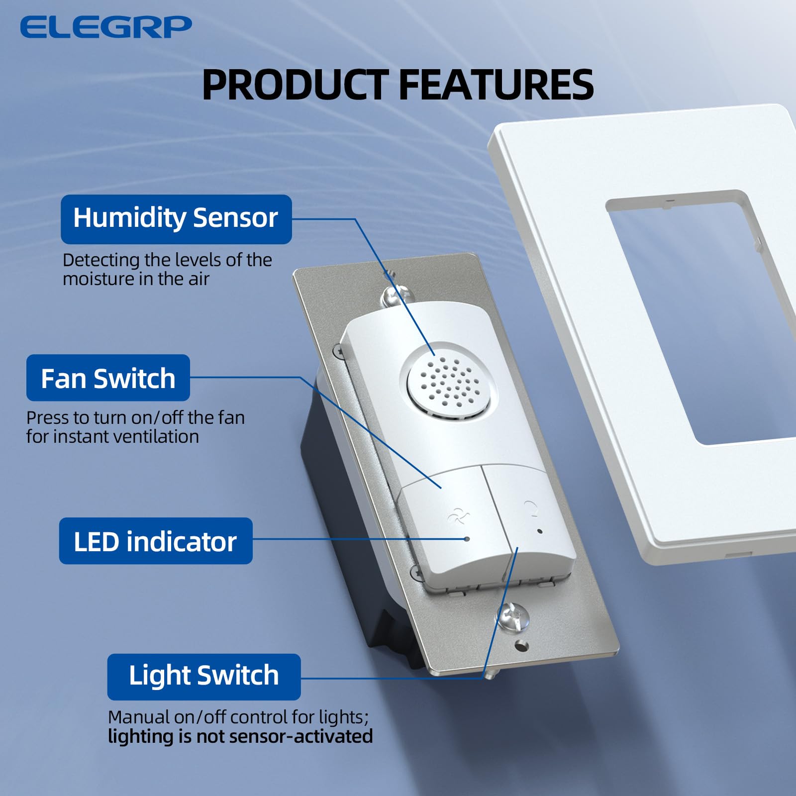 ELEGRP Dual Combination Humidity Sensor Switch with Light Control, Exhaust Fan Automate Ventilation, Moisture Control, Air Circulation for Bathroom, Ground Wire Required, Single Pole