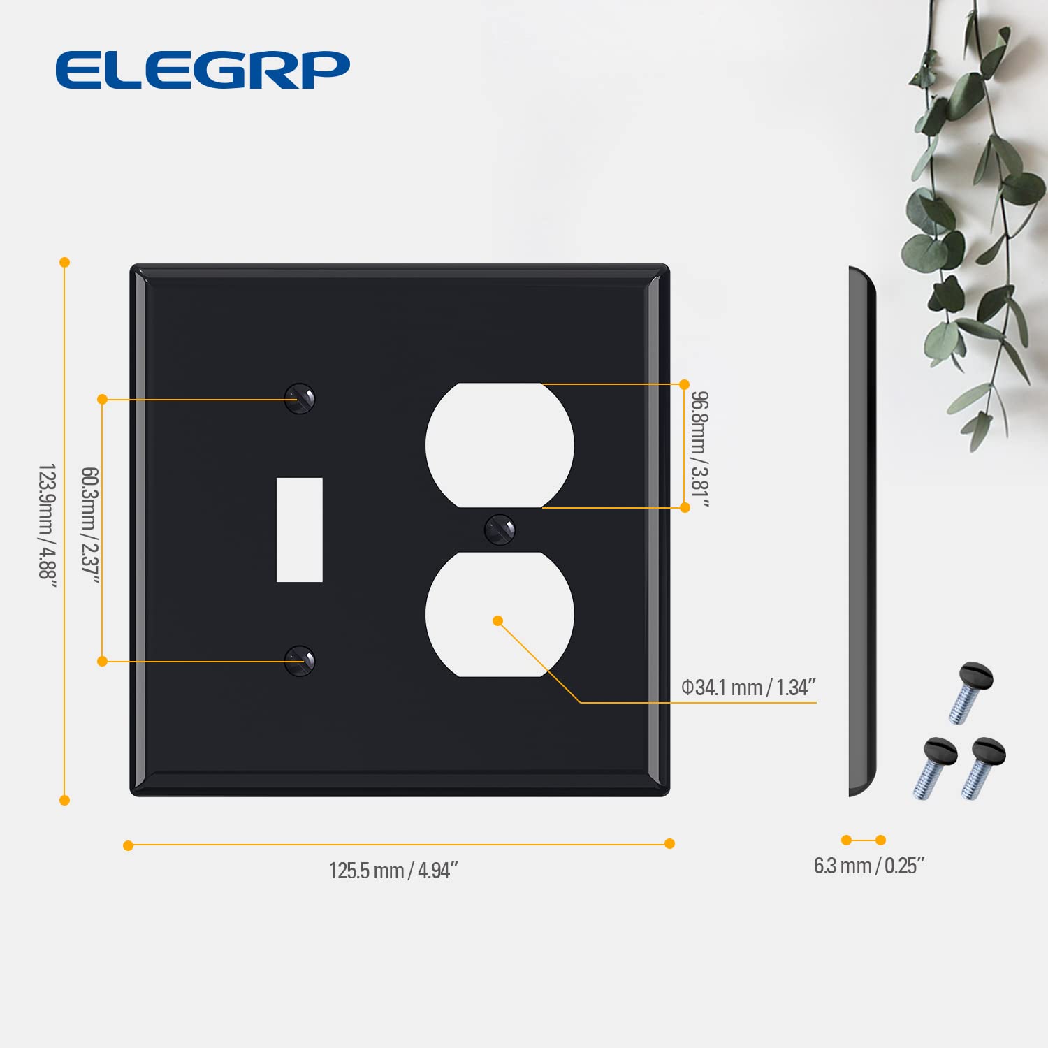 ELEGRP 1-Toggle Light Switch & 1-Duplex Outlet Wall Plate Cover, Mid-Size 4.88" x 4.94", Unbreakable Thermoplastic, Gloss Finish, UL Listed