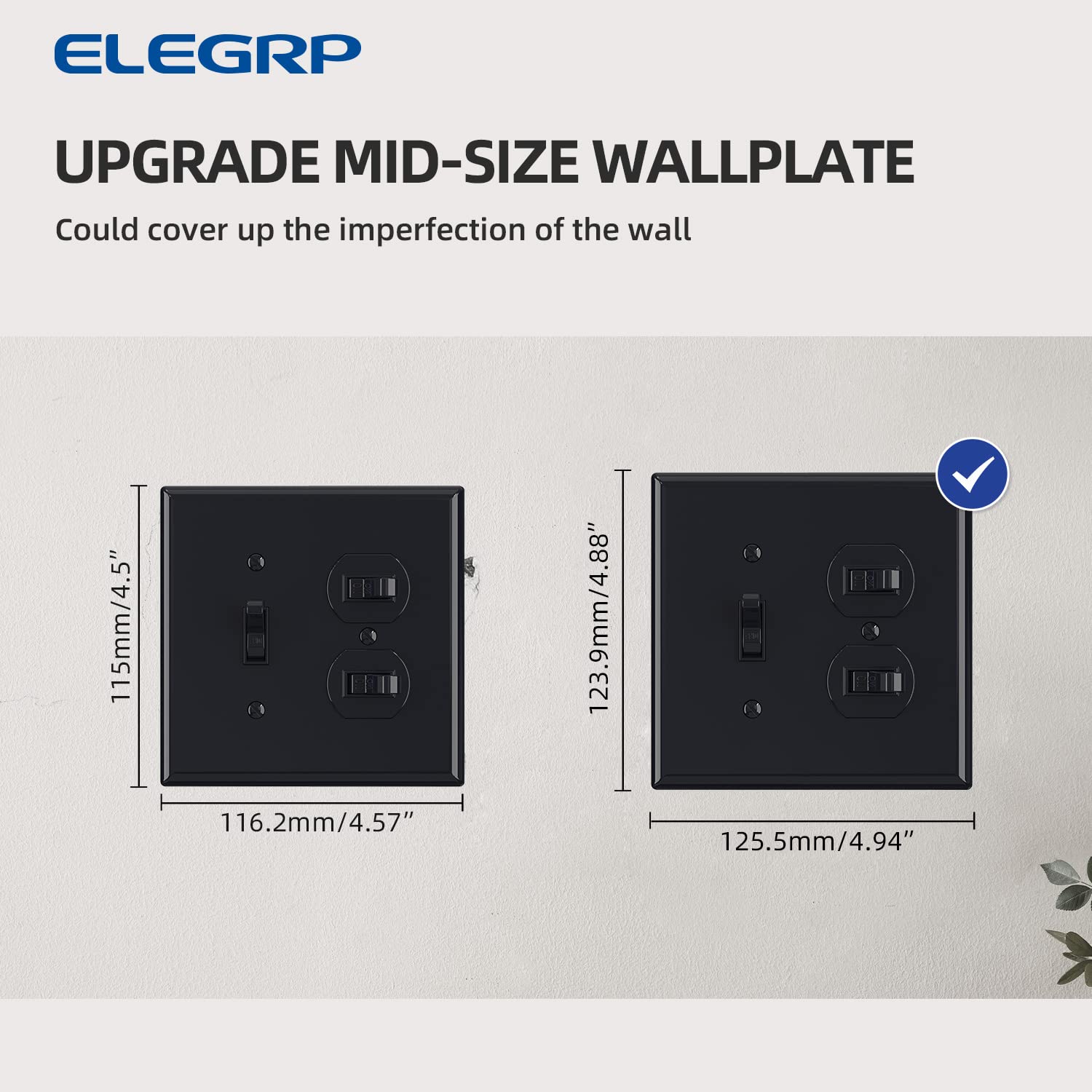 ELEGRP 1-Toggle Light Switch & 1-Duplex Outlet Wall Plate Cover, Mid-Size 4.88" x 4.94", Unbreakable Thermoplastic, Gloss Finish, UL Listed