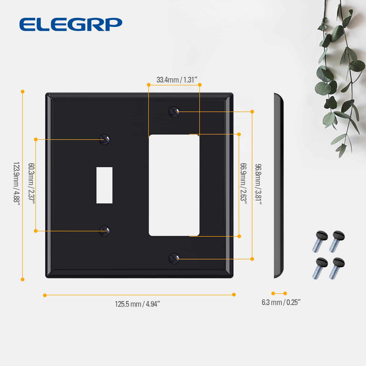 ELEGRP 2-Gang Wall Plate, 1-Toggle Light Switch & 1-Decorator/GFCI Outlet, Mid-Size 4.88" x 4.94", Unbreakable Thermoplastic, UL Listed