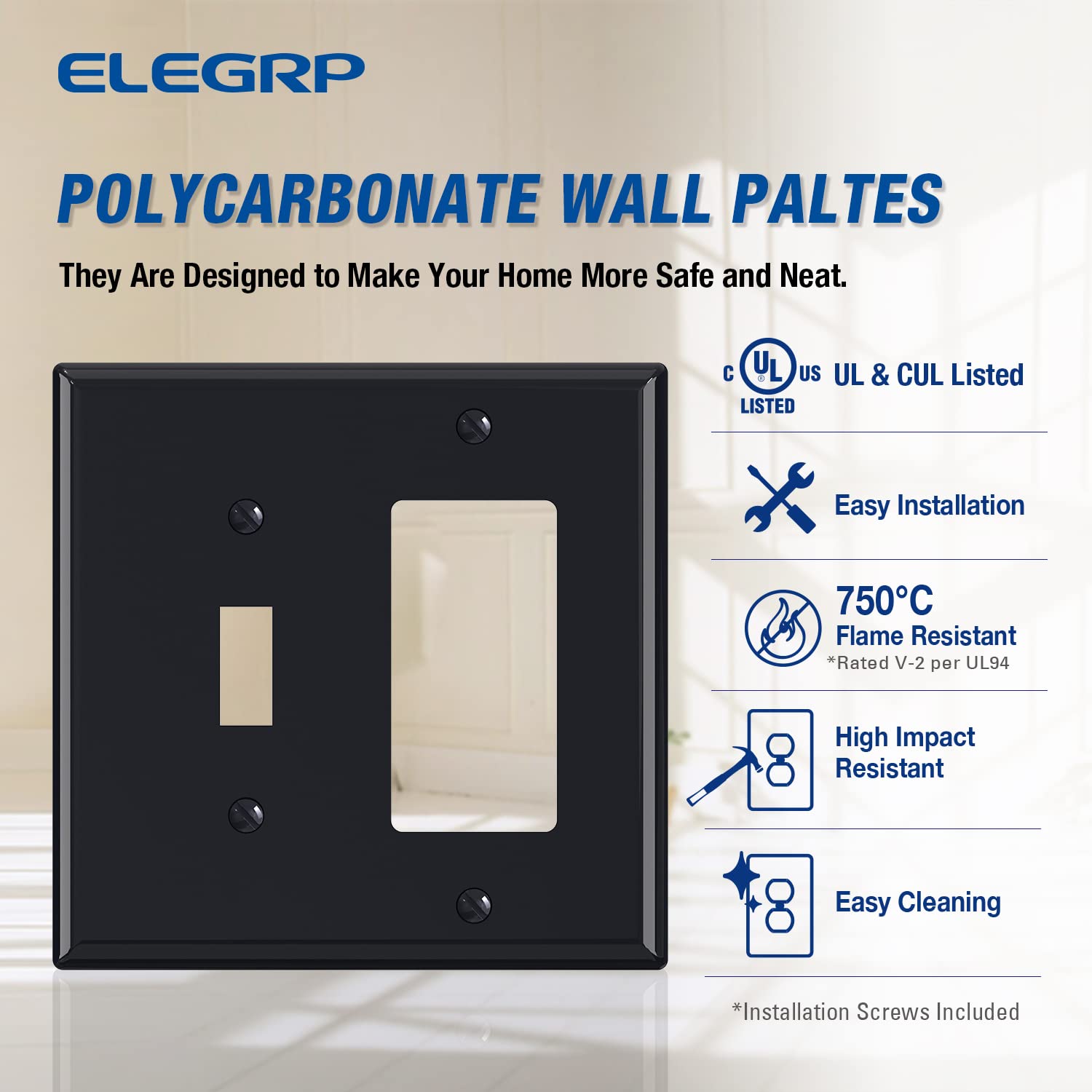 ELEGRP 2-Gang Wall Plate, 1-Toggle Light Switch & 1-Decorator/GFCI Outlet, Mid-Size 4.88" x 4.94", Unbreakable Thermoplastic, UL Listed