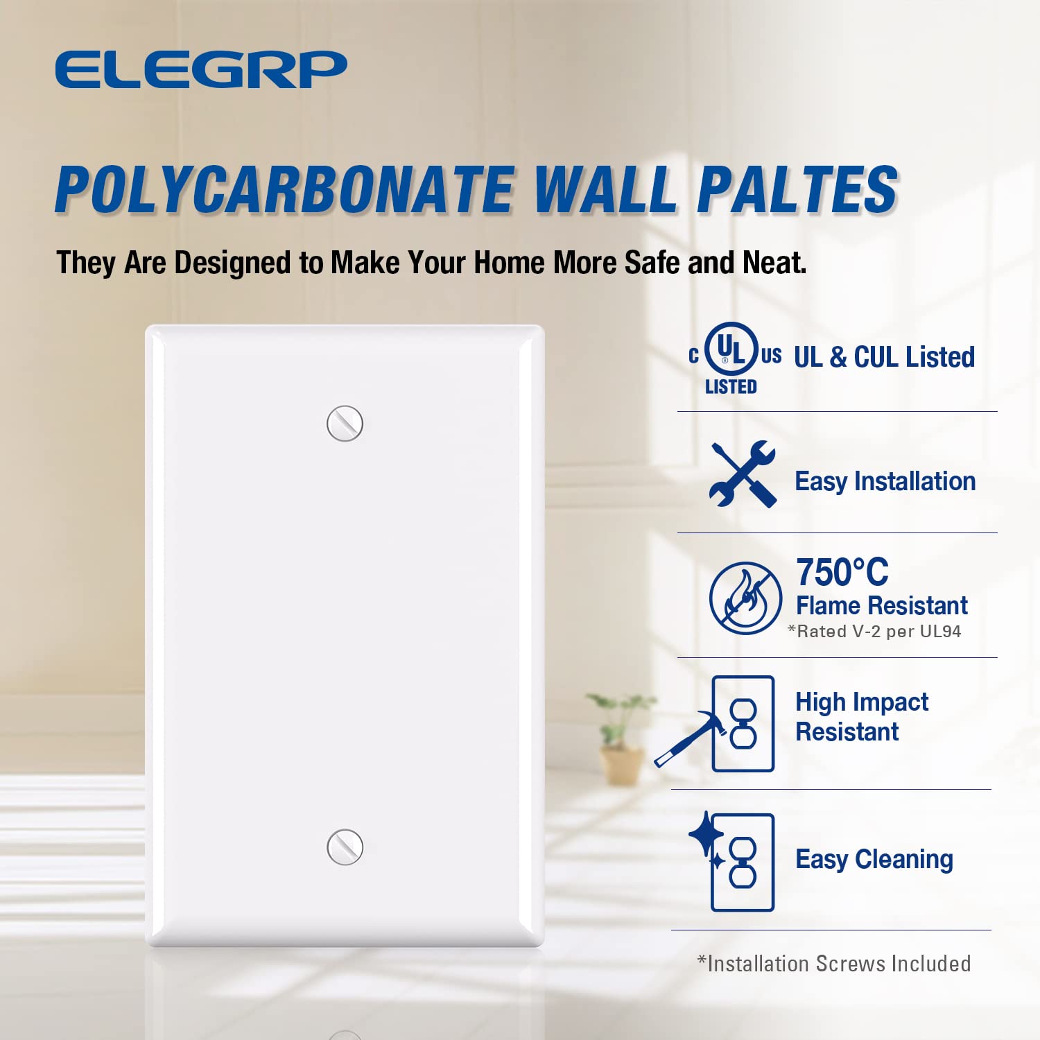 ELEGRP Blank Wall Plate Cover, Durable Polycarbonate, Glossy Finish, Easy Installation, 1-Gang & 2-Gang, UL Listed