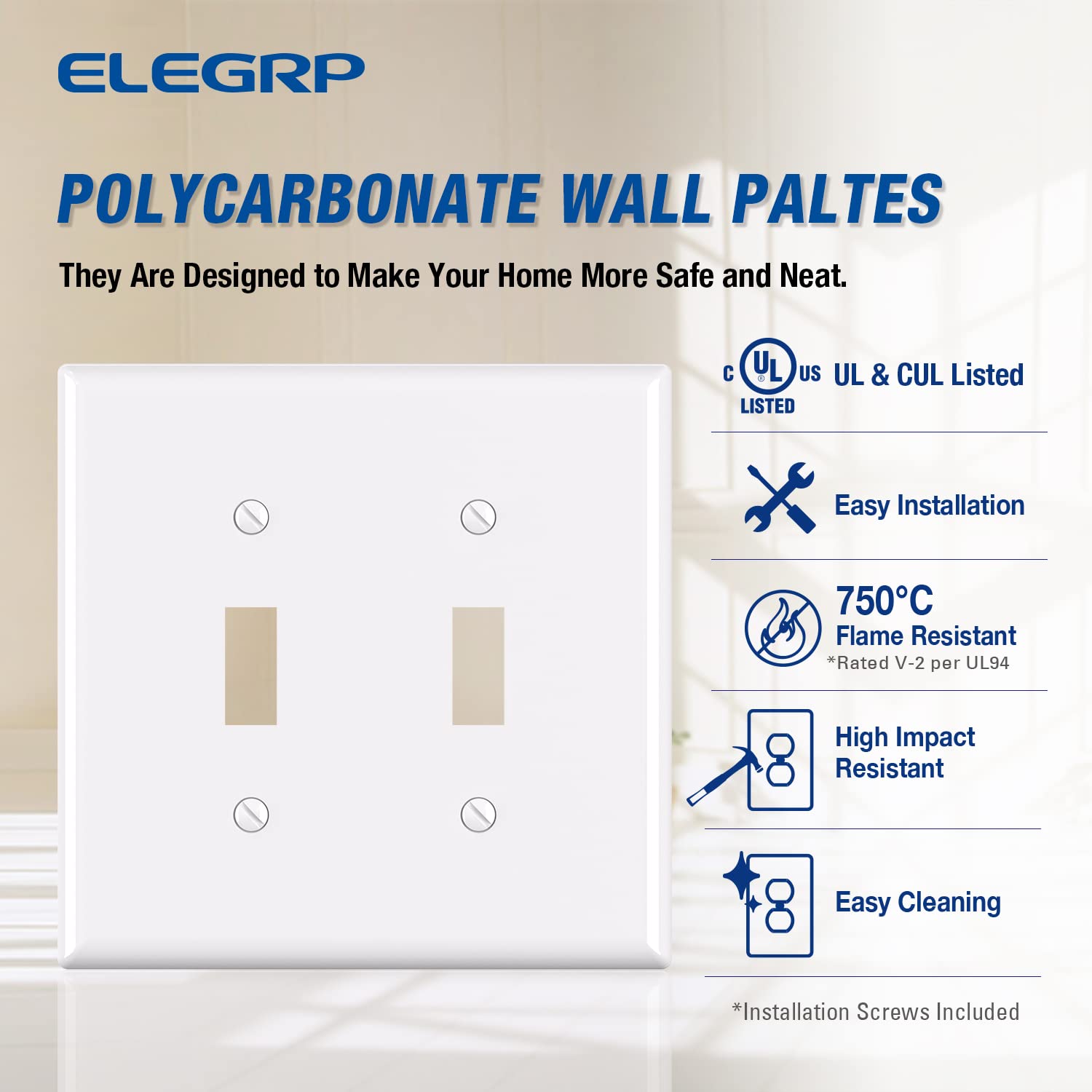 ELEGRP Toggle Switch Wall Plates, Mid-Size 1-Gang & 2-Gang Unbreakable Thermoplastic Covers for Toggle Dimmer Switches, UL Listed