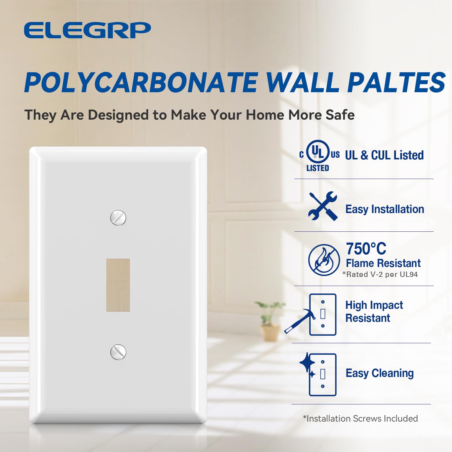 ELEGRP Toggle Switch Wall Plates, Mid-Size 1-Gang & 2-Gang Unbreakable Thermoplastic Covers for Toggle Dimmer Switches, UL Listed