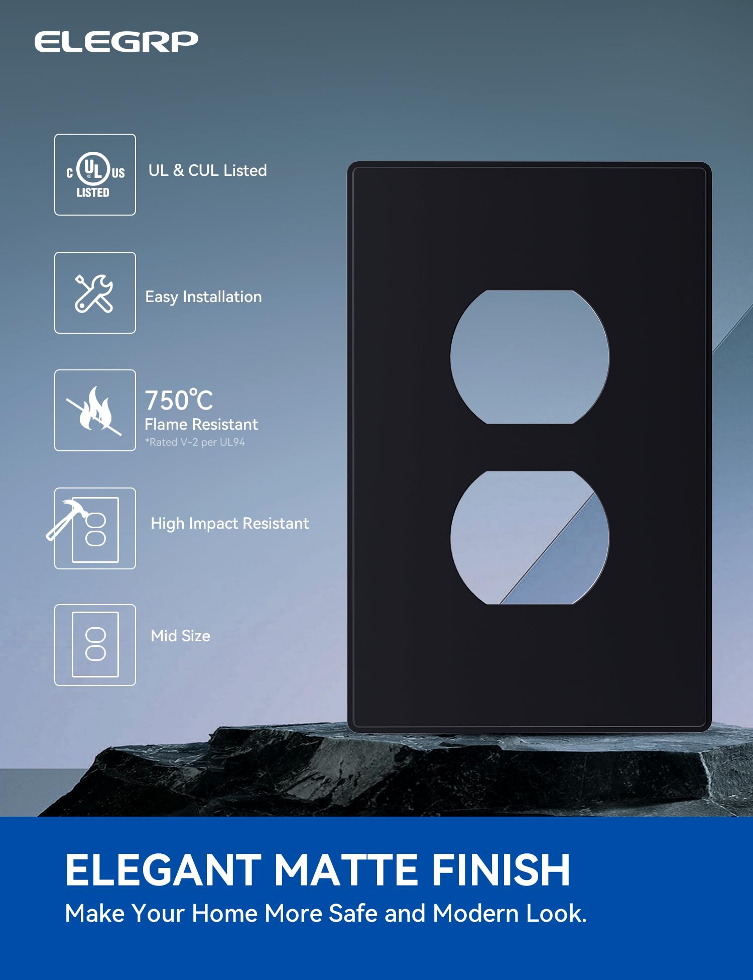 ELEGRP  1-Gang Screwless Duplex Wall Plates, Mid-Size, Unbreakable Thermoplastic Faceplate Cover for Duplex & Toggle Switches, UL Listed