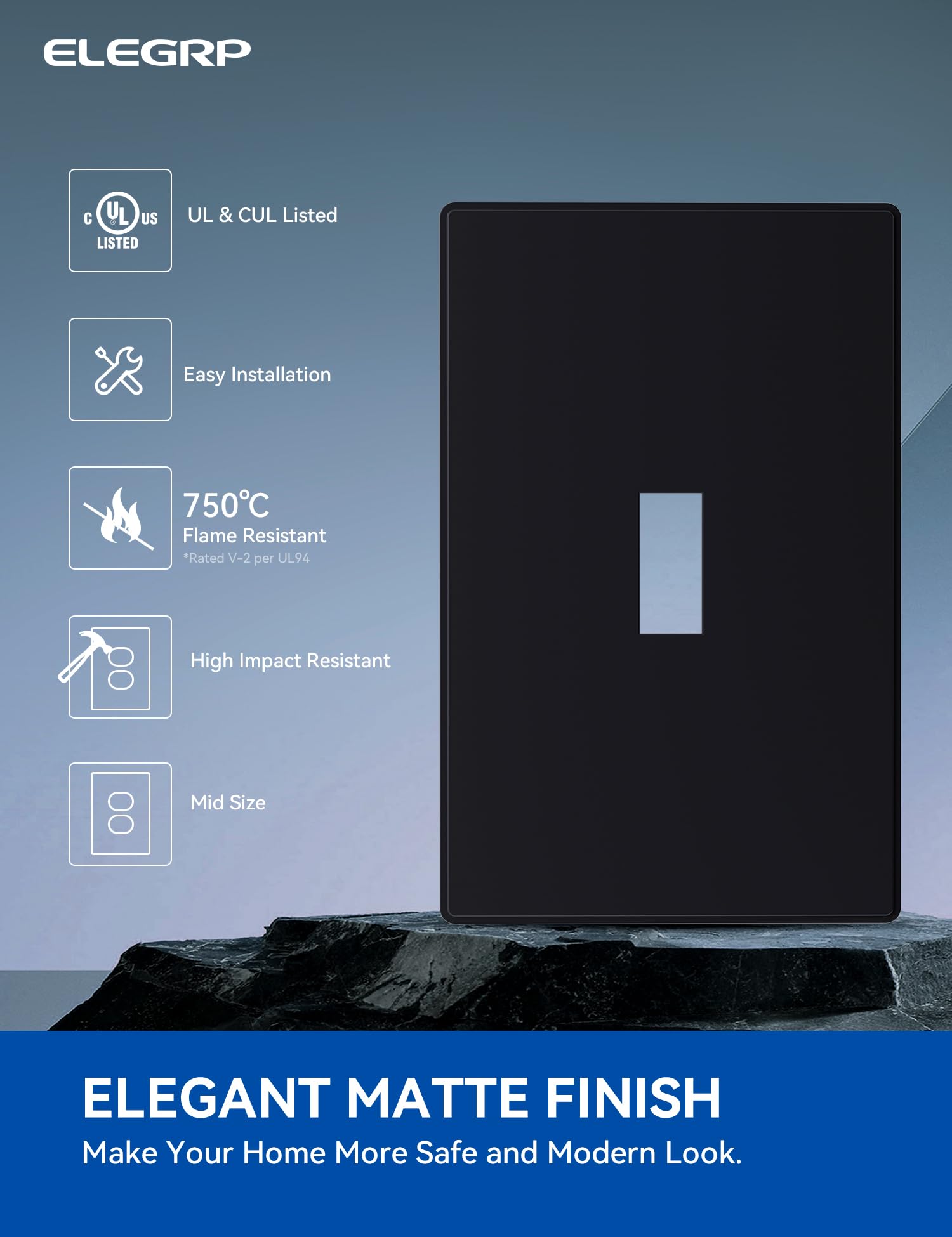 ELEGRP 1-Gang Screwless Toggle Wall Plates , Mid-Size, Unbreakable Thermoplastic, Matte Finish, UL Listed