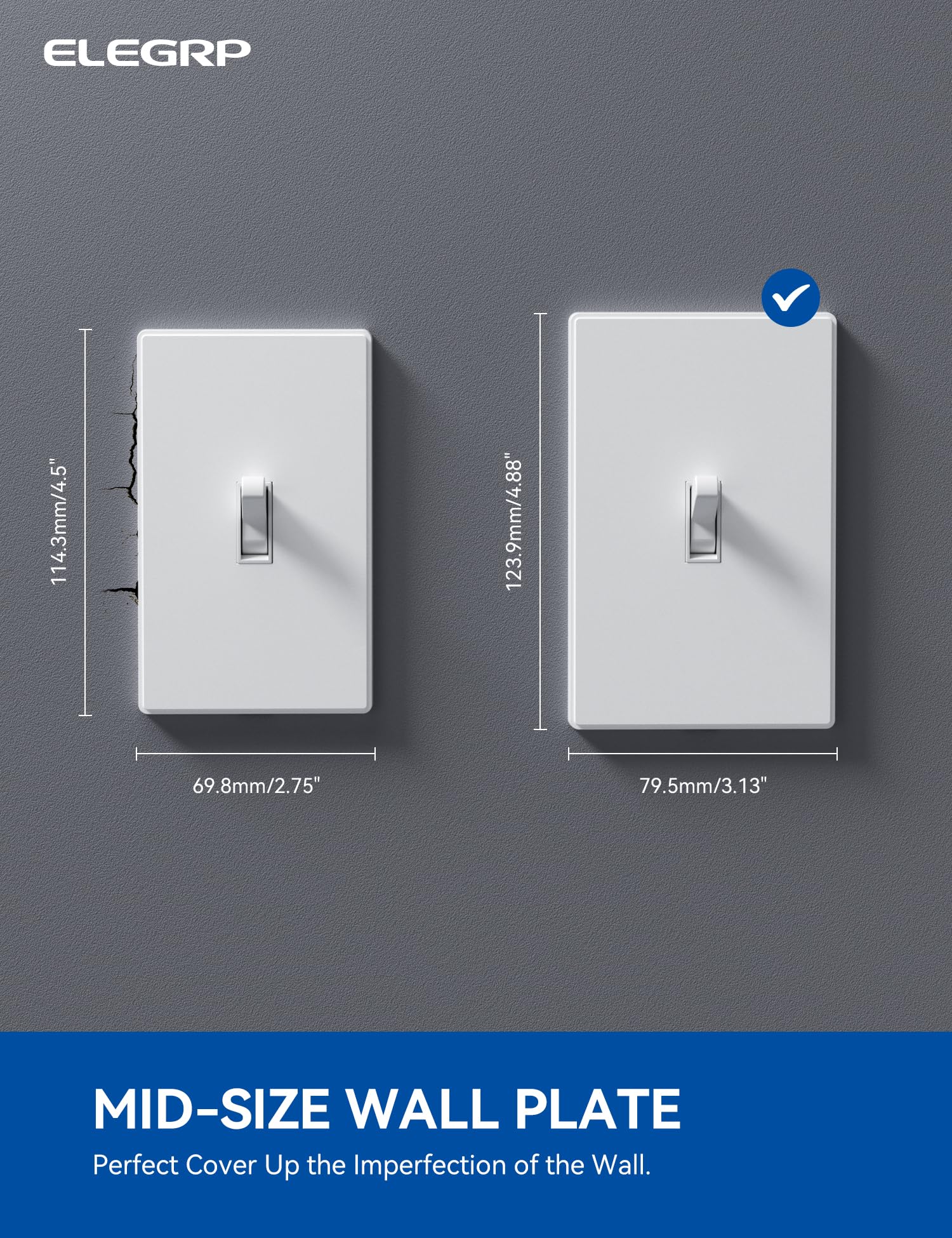 ELEGRP 1-Gang Screwless Toggle Wall Plates , Mid-Size, Unbreakable Thermoplastic, Matte Finish, UL Listed