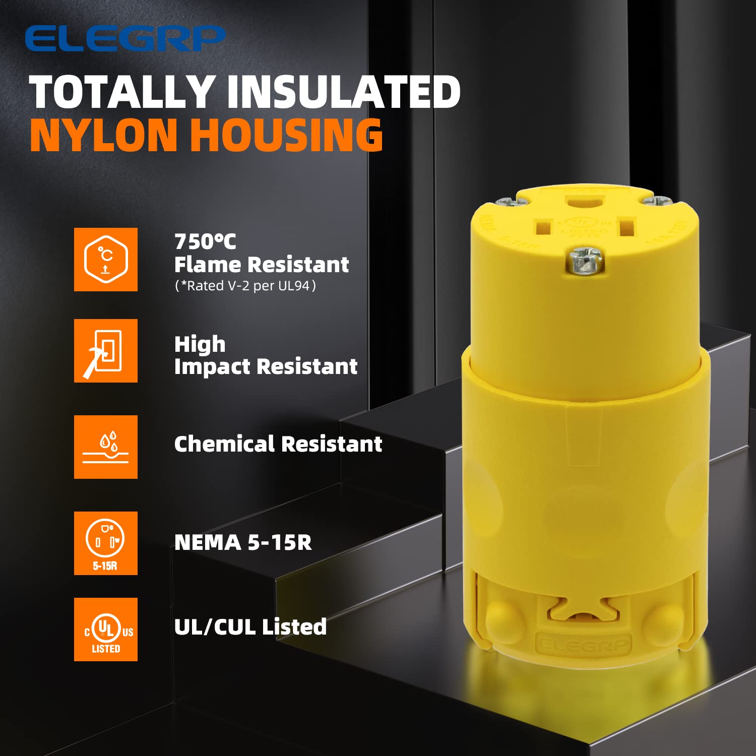 ELEGRP 15 Amp 125 Volt NEMA 5-15R Straight Blade Connector, 2 Pole 3 Wire Grounding, Yellow, Commercial Grade, 1 Pack