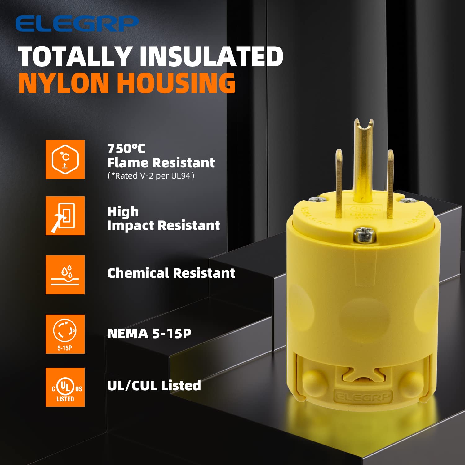 ELEGRP 15 Amp 125 Volt NEMA 5-15R Straight Blade Connector, 2 Pole 3 Wire Grounding, Yellow, Commercial Grade, 1 Pack