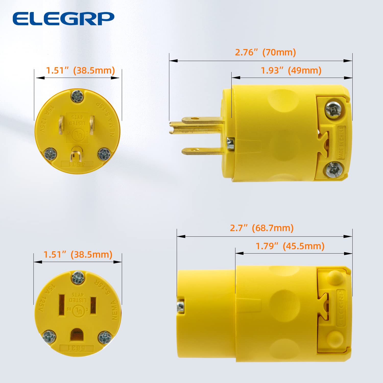 ELEGRP 15 Amp 125 Volt NEMA 5-15R Straight Blade Connector, 2 Pole 3 Wire Grounding, Yellow, Commercial Grade, 1 Pack