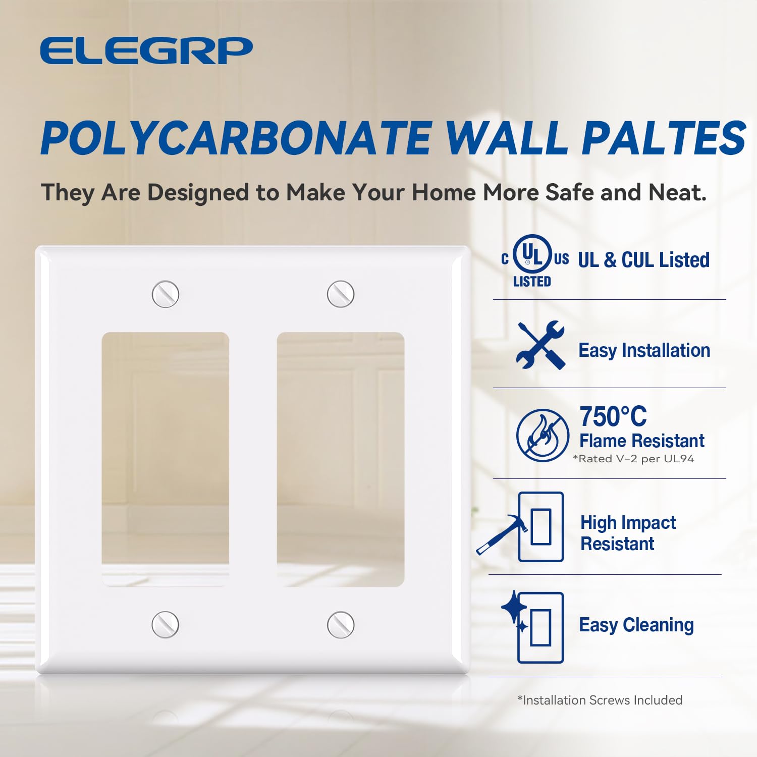 ELEGRP Decorative Wall Plates , 1-Gang, 2-Gang, 3-Gang, Screwless Design, Unbreakable Thermoplastic