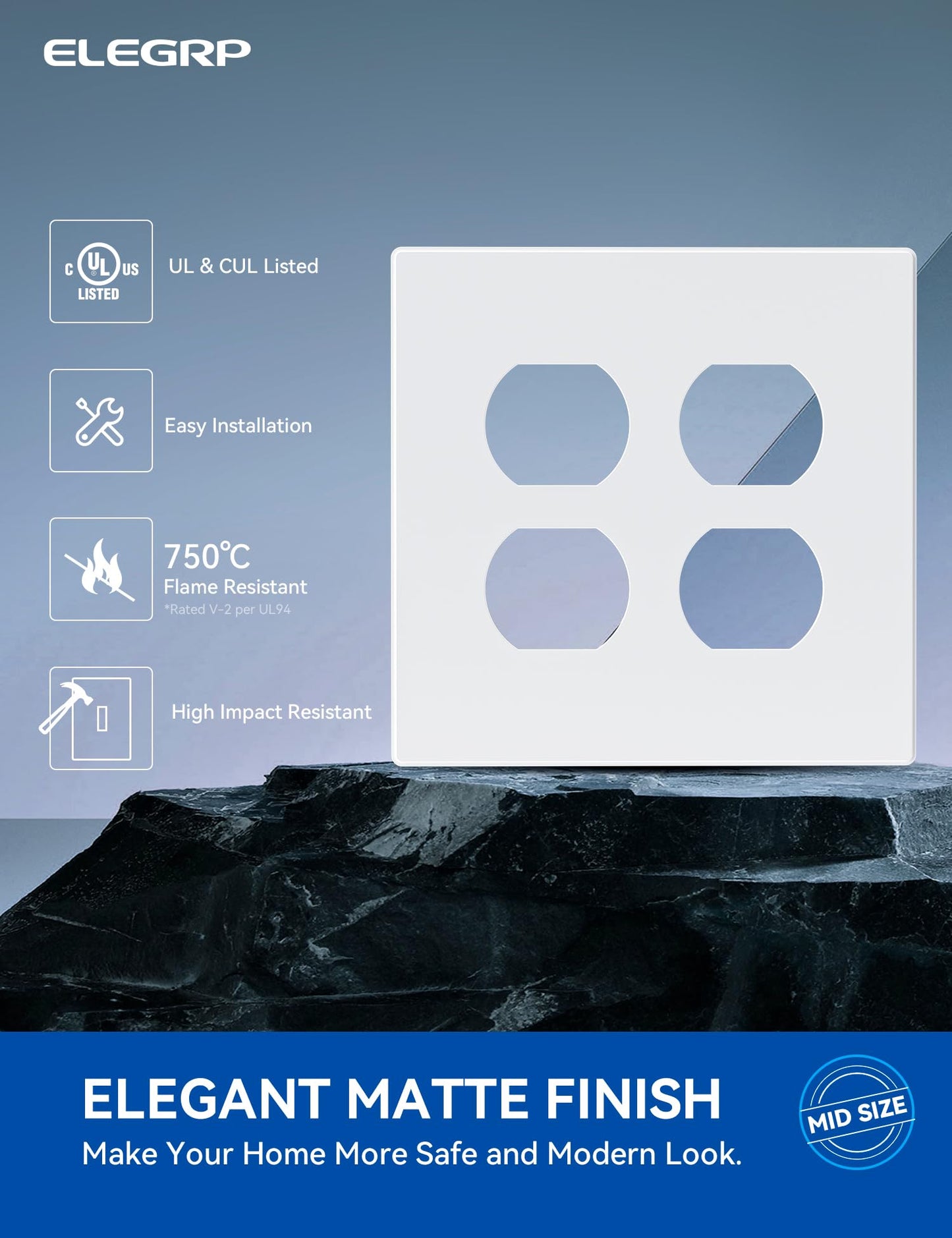 ELEGRP 2-Gang Screwless Duplex Wall Plates , Mid-Size Unbreakable Thermoplastic Covers for Duplex & Combination Receptacles, UL Listed