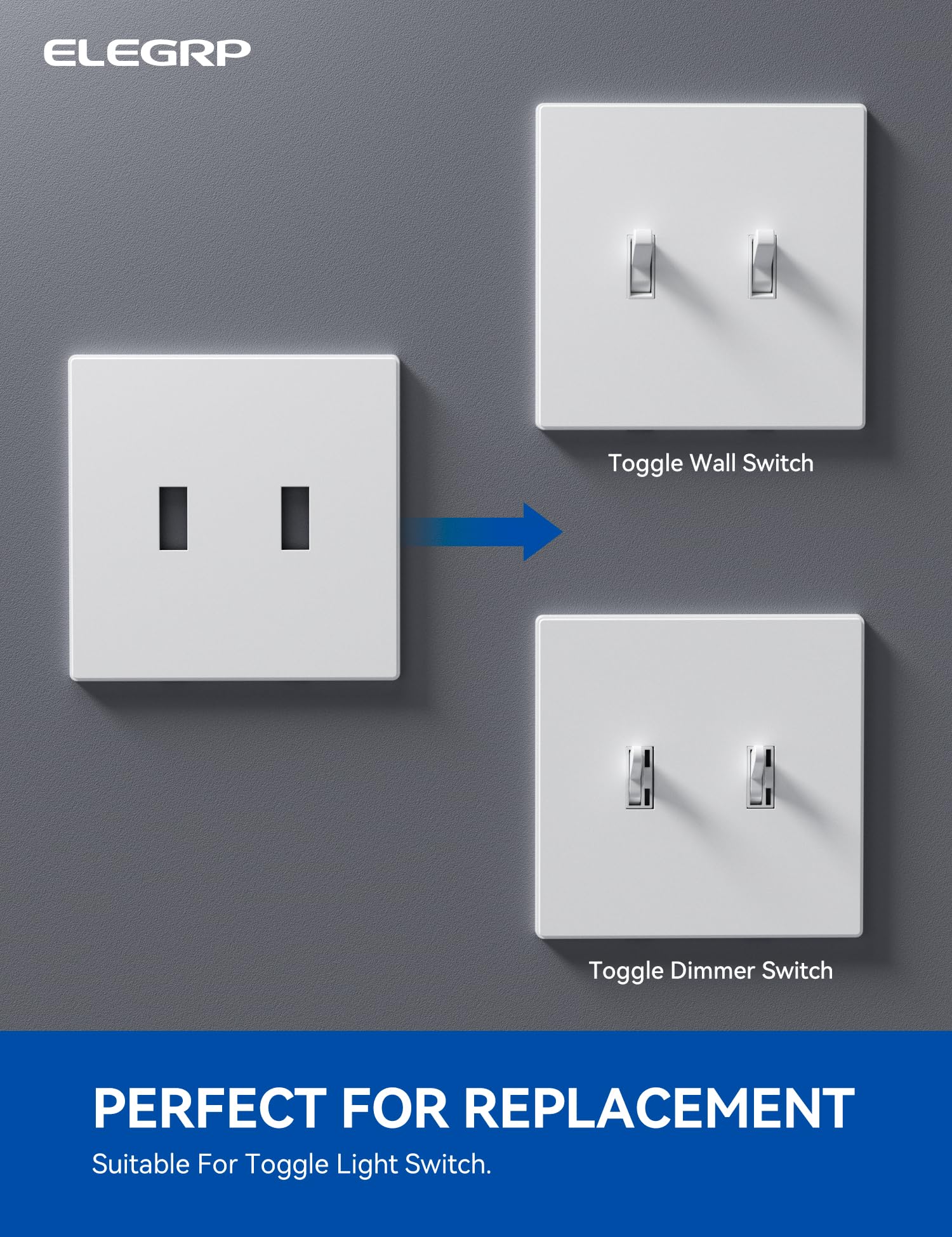 ELEGRP  2-Gang Screwless Toggle Wall Plates, Mid-Size, Unbreakable Thermoplastic Faceplate Cover for Toggle Switches & Dimmer Switches, UL Listed