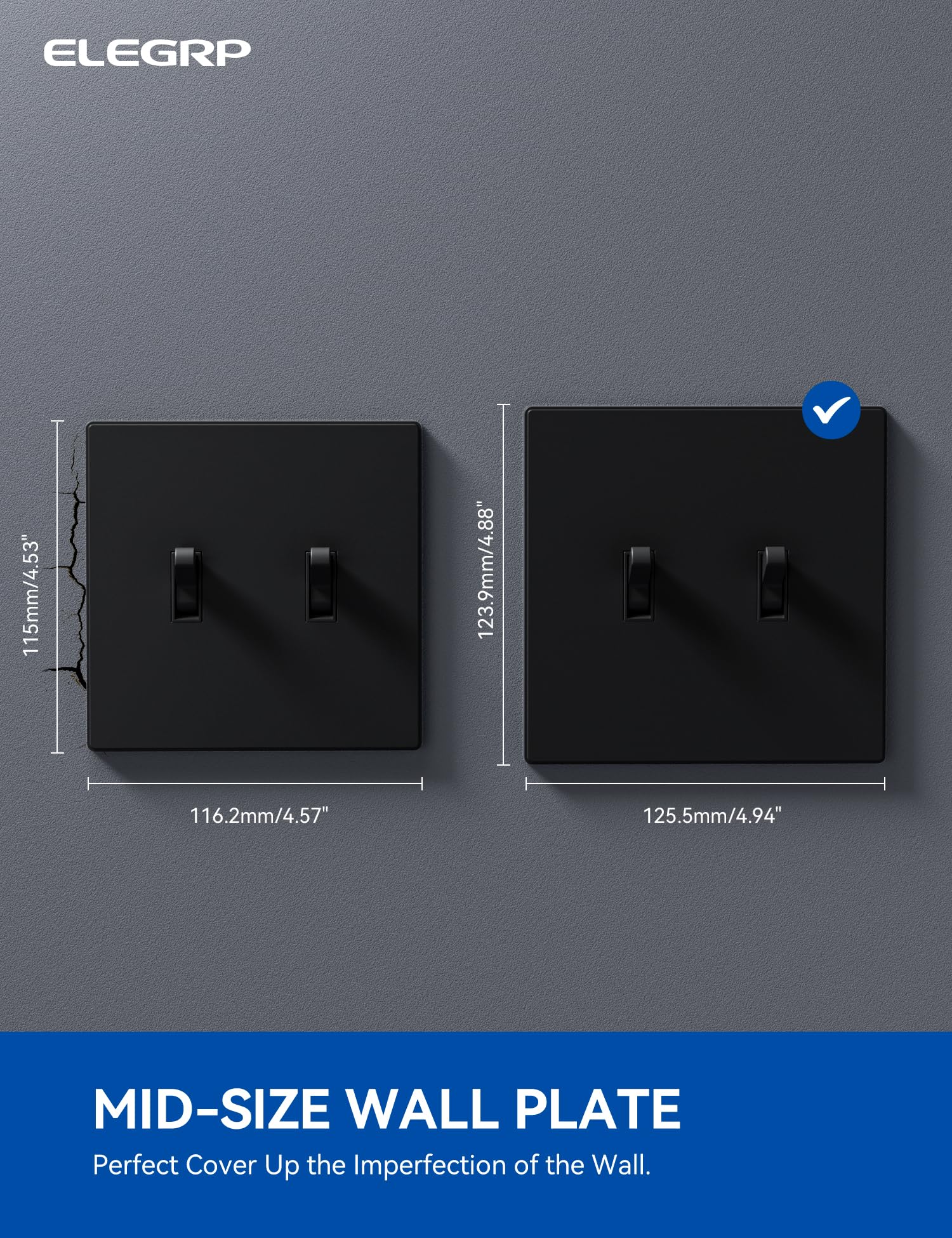 ELEGRP  2-Gang Screwless Toggle Wall Plates, Mid-Size, Unbreakable Thermoplastic Faceplate Cover for Toggle Switches & Dimmer Switches, UL Listed