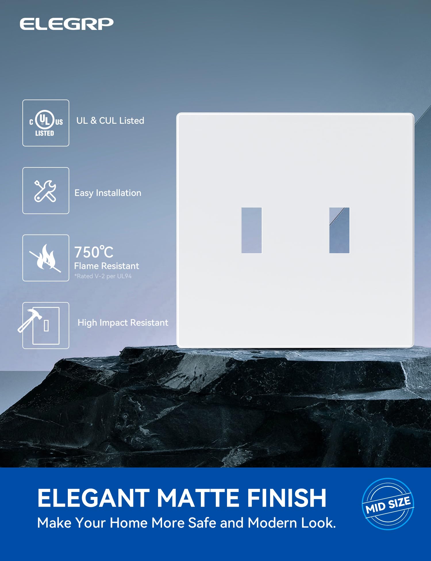 ELEGRP  2-Gang Screwless Toggle Wall Plates, Mid-Size, Unbreakable Thermoplastic Faceplate Cover for Toggle Switches & Dimmer Switches, UL Listed