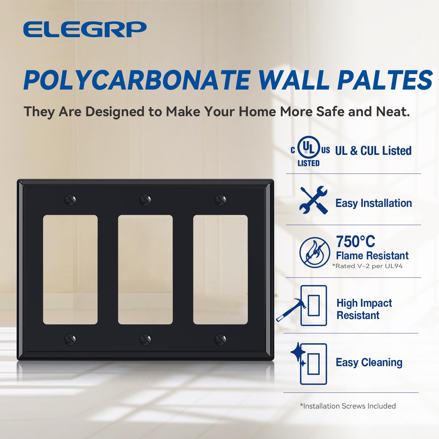 ELEGRP Decorative Wall Plates , 1-Gang, 2-Gang, 3-Gang, Screwless Design, Unbreakable Thermoplastic