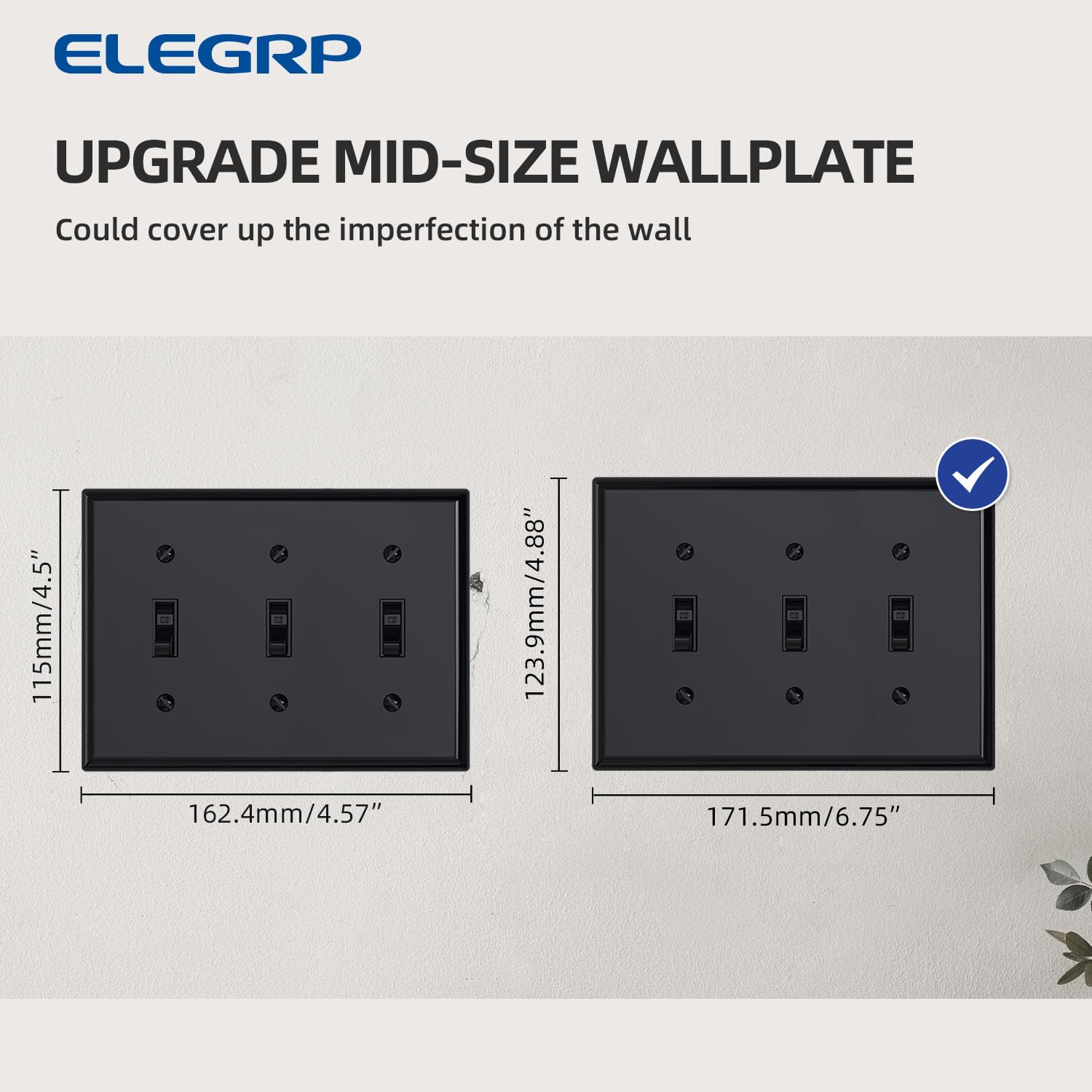ELEGRP 3-Gang Toggle Switch Wall Plate, Mid-Size, Unbreakable Thermoplastic Cover for Toggle and Dimmer Switches, UL Listed
