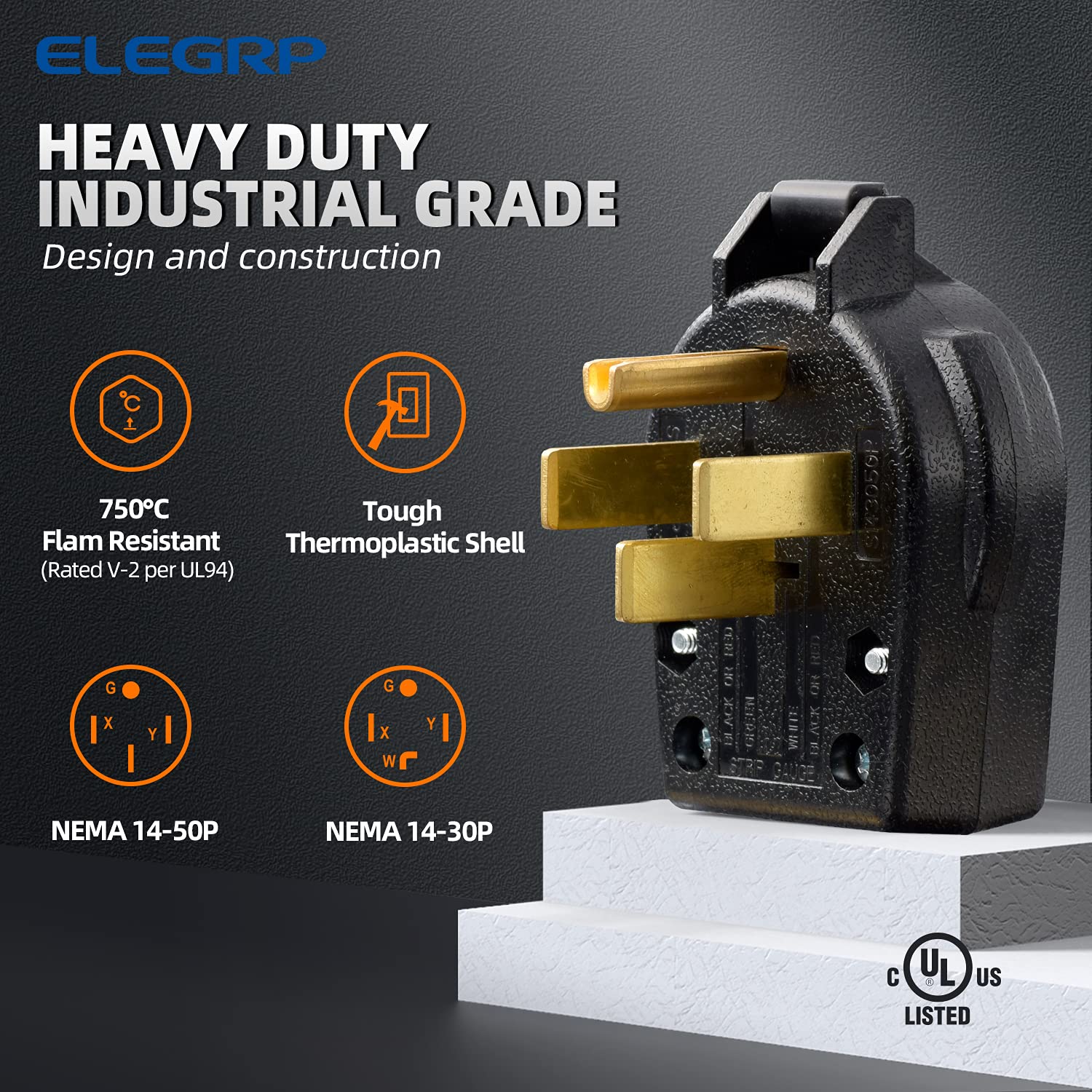 ELEGRP 30/50 Amp Flush Mount Power Receptacle, NEMA 14-30R & 14-50R Outlet, and Heavy Duty Plug, NEMA 14-30P & 14-50P, 125/250V, UL Listed