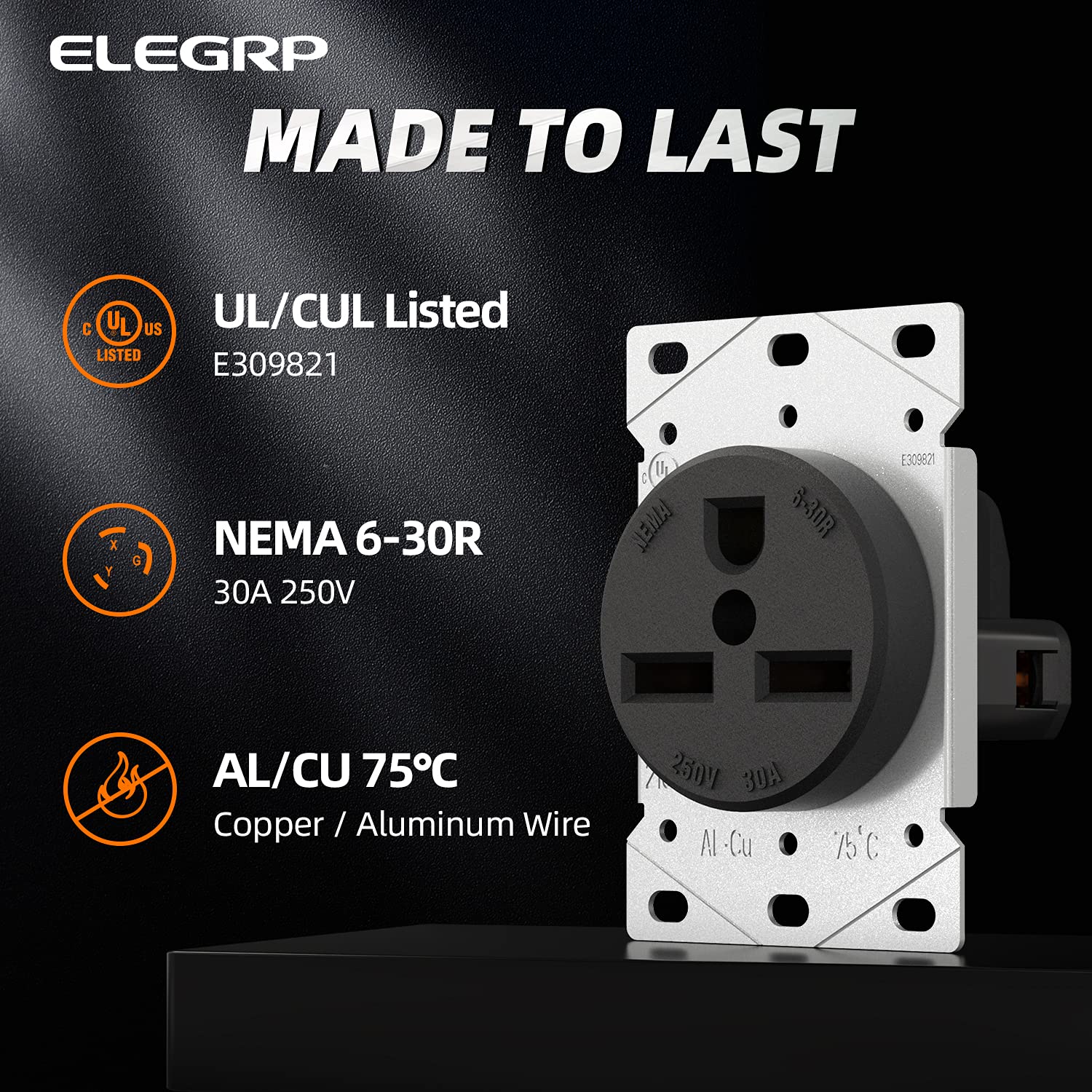 ELEGRP 30/50 Amp Flush Mount Power Receptacle, NEMA 6-30R & 6-50R Outlet, and Heavy Duty Plug, NEMA 6-30P & 6-50P, 250V, UL Listed
