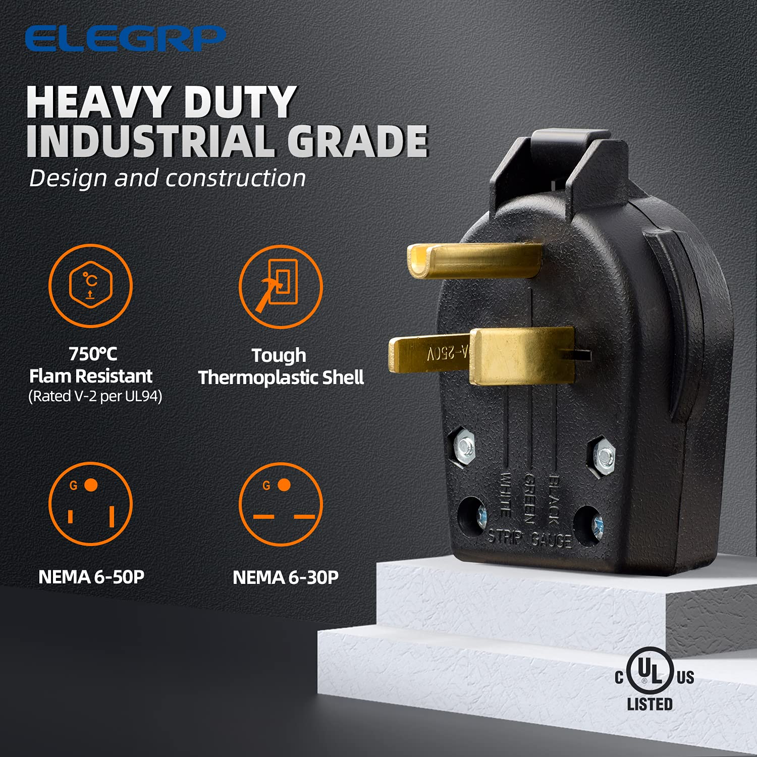 ELEGRP 30/50 Amp Flush Mount Power Receptacle, NEMA 6-30R & 6-50R Outlet, and Heavy Duty Plug, NEMA 6-30P & 6-50P, 250V, UL Listed
