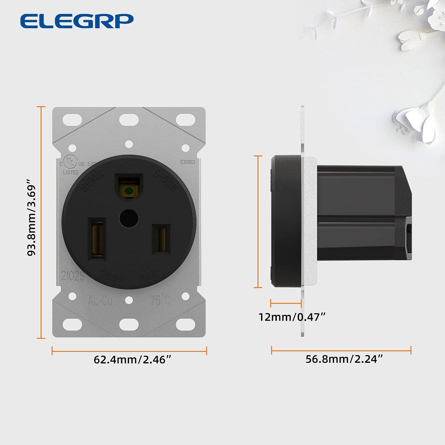 ELEGRP 30/50 Amps 250V Flush Mounting Power Receptacle, NEMA 6-30R & NEMA 6-50R, 2 Pole 3 Wire——ELEGRP NEMA 6-30P & NEMA 6-50P Plug