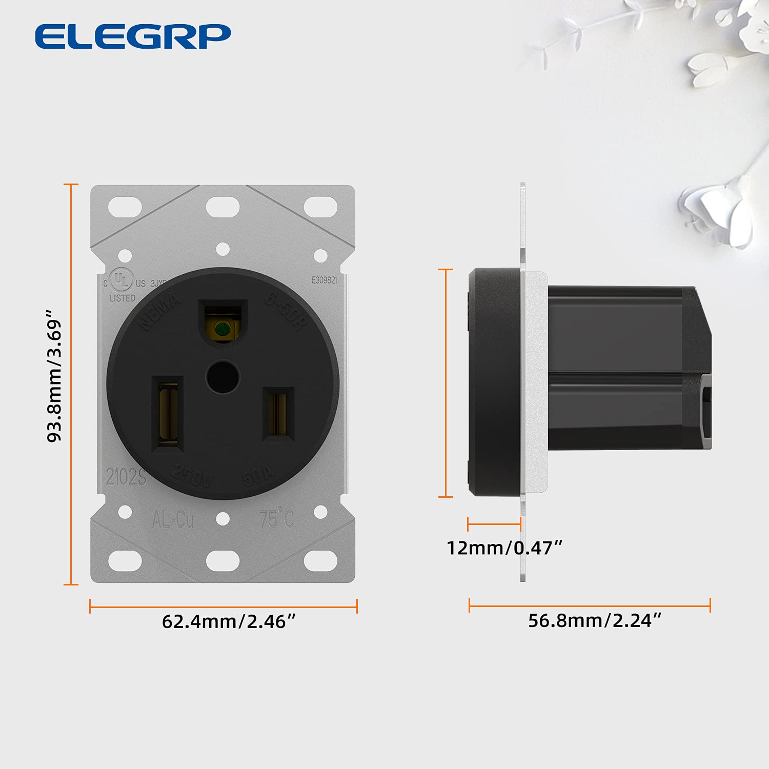 ELEGRP 30/50 Amp Flush Mount Power Receptacle, NEMA 6-30R & 6-50R Outlet, and Heavy Duty Plug, NEMA 6-30P & 6-50P, 250V, UL Listed