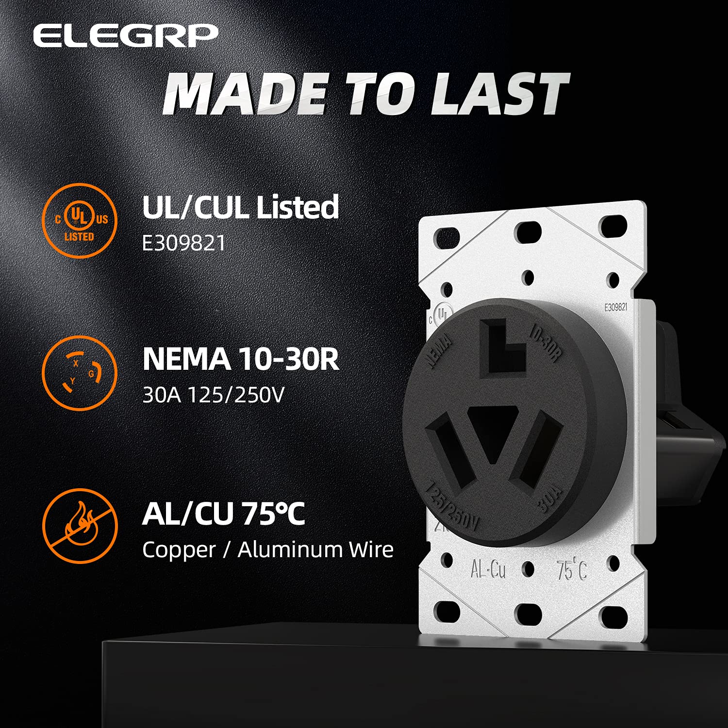 ELEGRP 30/50 Amp Flush Mount Power Receptacle, NEMA 10-30R & 10-50R Outlet, and Heavy Duty Plug, NEMA 10-30P & 10-50P, 125/250V, UL Listed