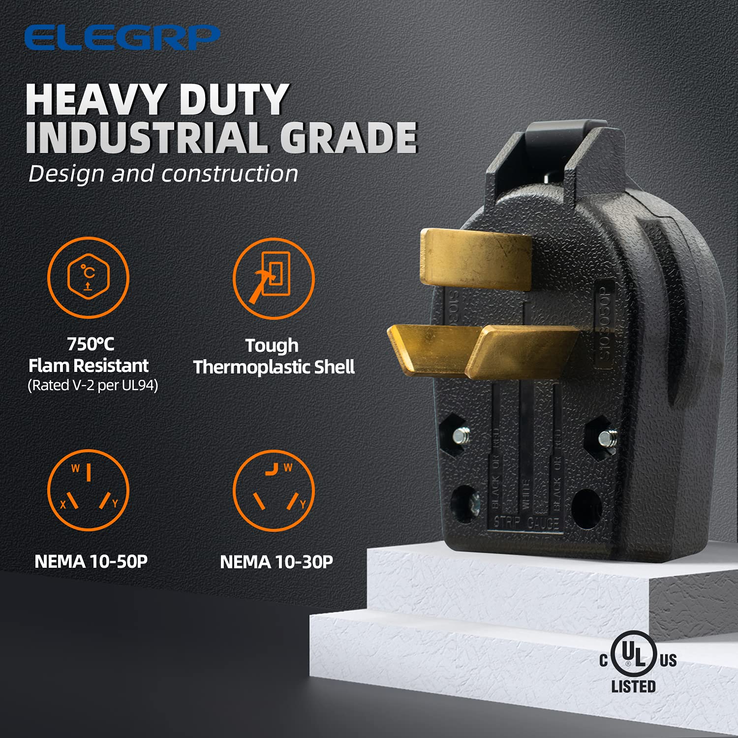 ELEGRP 30/50 Amp Flush Mount Power Receptacle, NEMA 10-30R & 10-50R Outlet, and Heavy Duty Plug, NEMA 10-30P & 10-50P, 125/250V, UL Listed