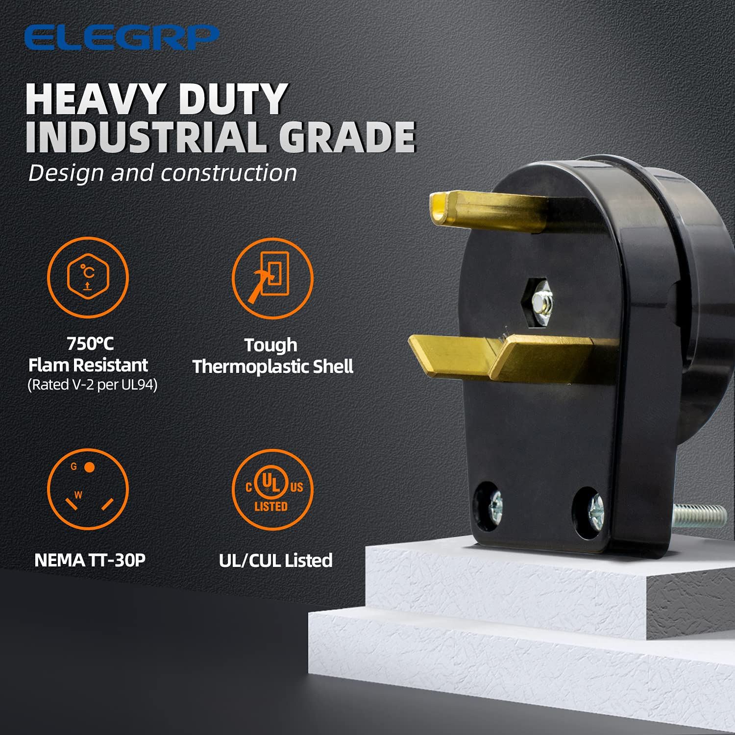 ELEGRP 30 Amp RV Receptacle, Flush Mount NEMA TT-30R Outlet & Heavy Duty NEMA TT-30P Plug, 125V, 2 Pole 3 Wire, UL Listed