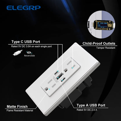 ELEGRP USB Wall Outlets Type CCA 3-Ports 30W 5V 6.0A TR Receptacles