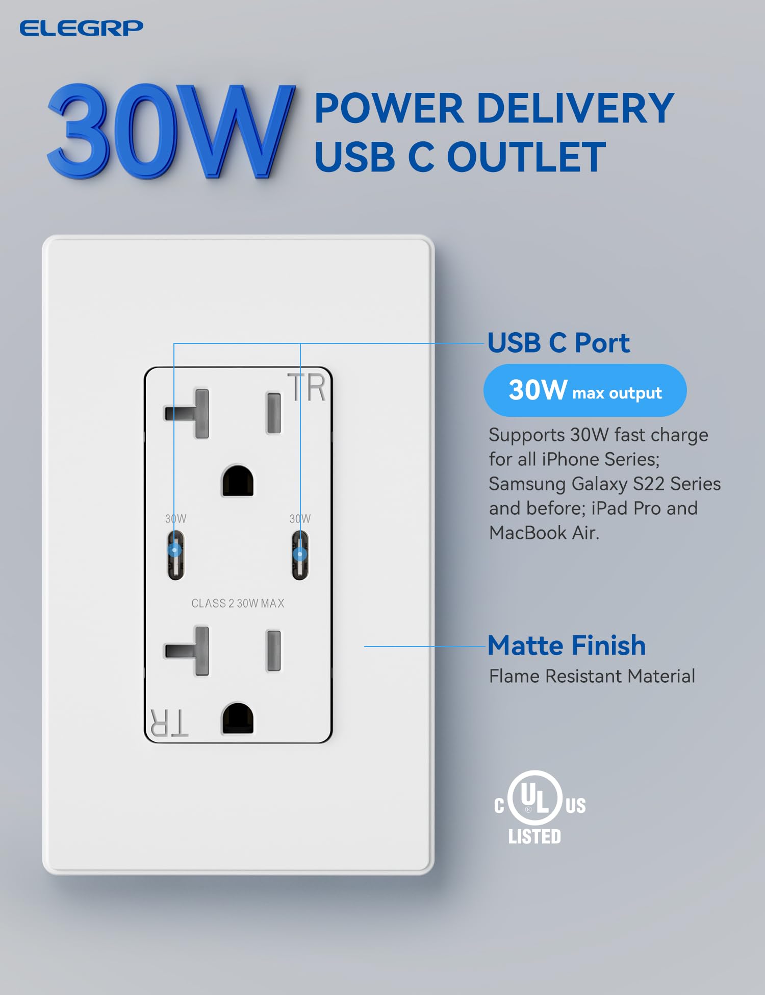 ELEGRP 30W USB Wall Outlet Receptacle, Single USB C Port Supports 30W Fast Charge