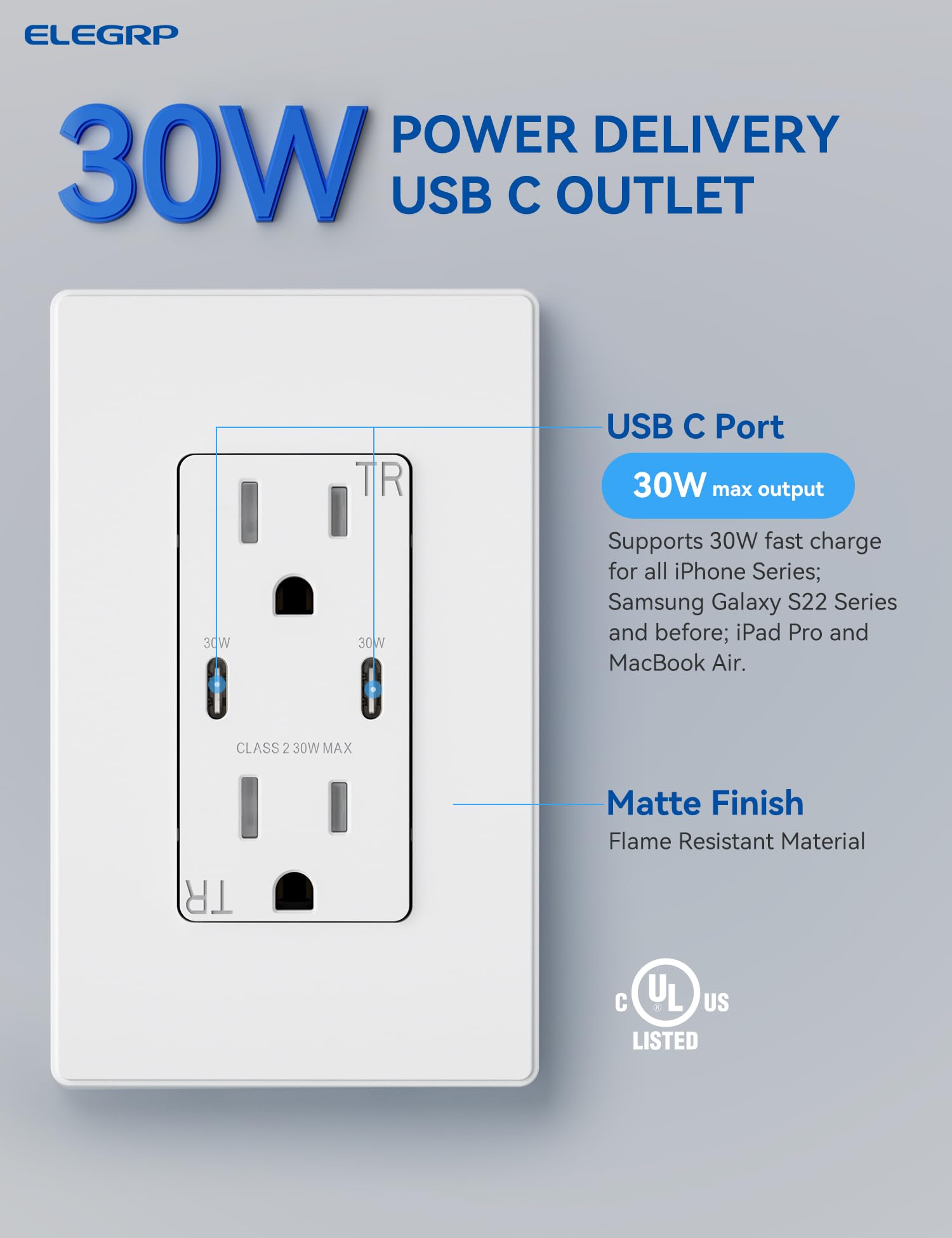 ELEGRP 30W USB Wall Outlet Receptacle, Single USB C Port Supports 30W Fast Charge