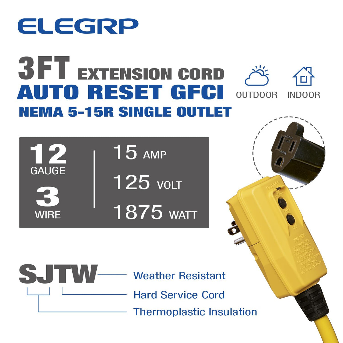 ELEGRP 15A Auto Reset GFCI Extension Cord with Single Outlet, 12/3 Heavy Duty SJTW Cable