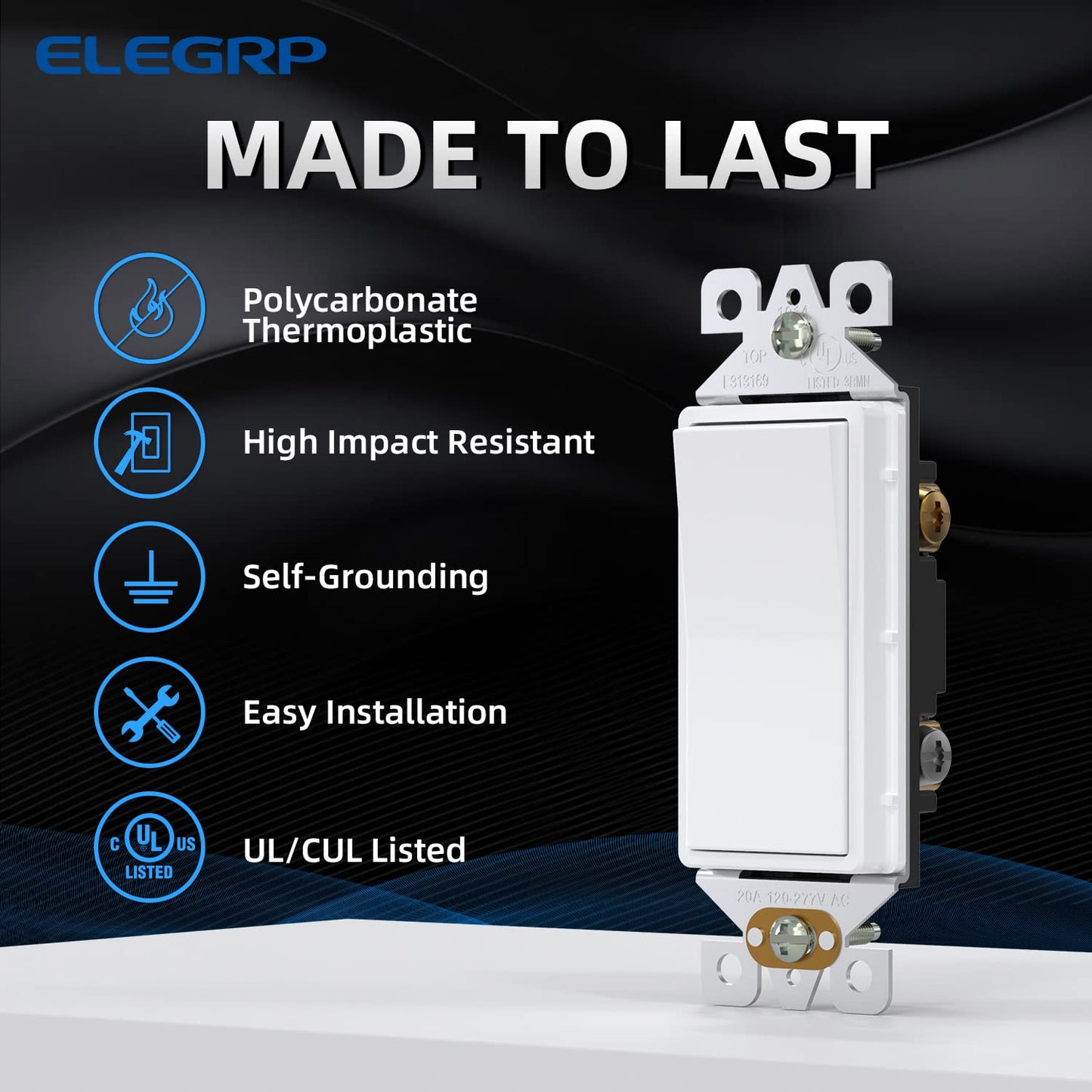 ELEGRP Standard Light Switches Decorative 3-Way Self-Grounding 15A 120-277V（10 pack））