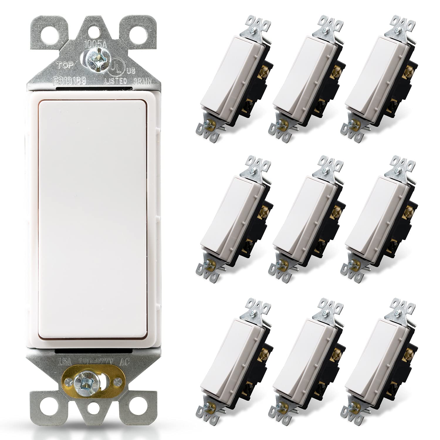 ELEGRP Decorative Light Switch, 3-Way, Self-Grounding, 15A 120-277V, UL Listed, 10 Pack