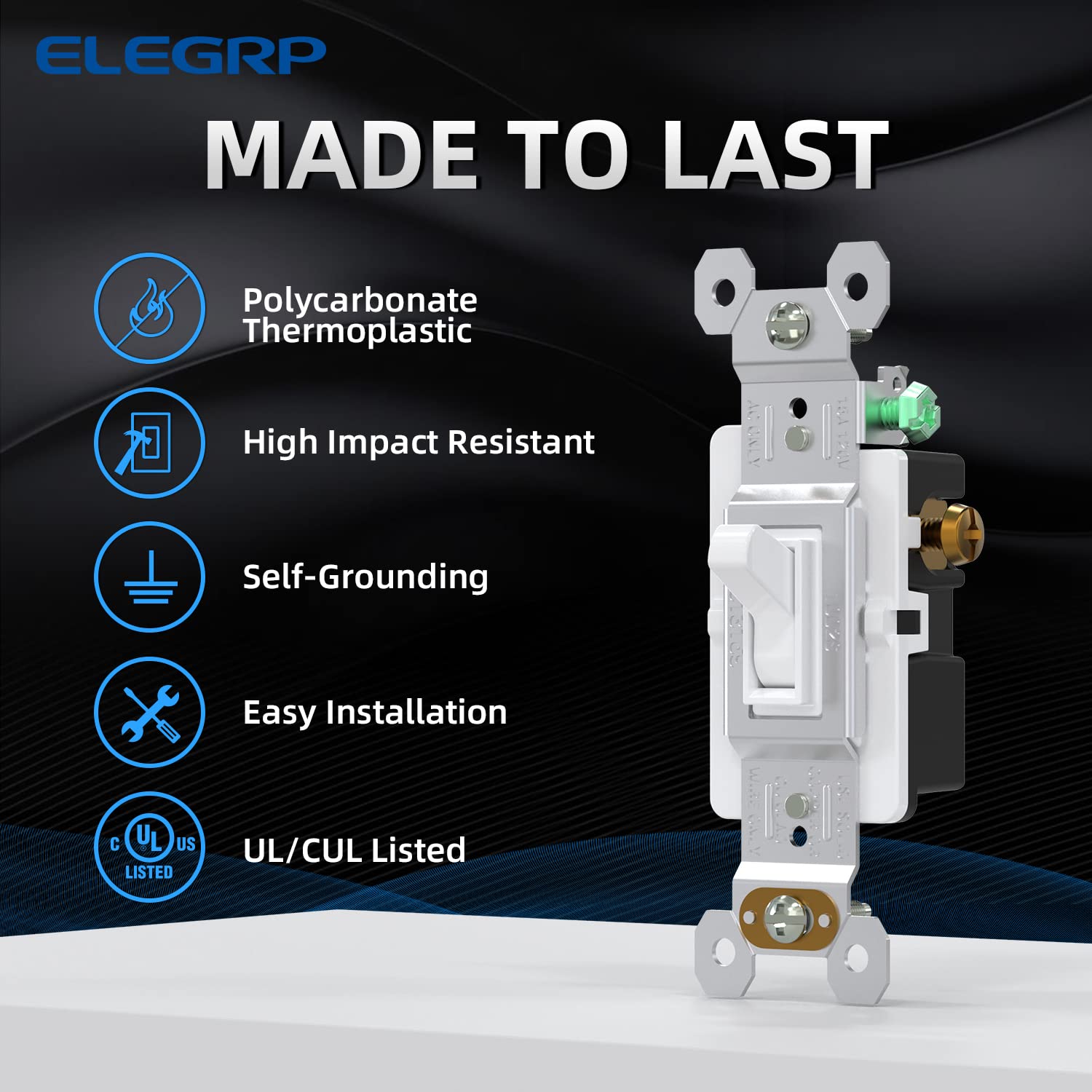 ELEGRP Standard Light Switch, Decorative Single Pole, Self-Grounding, 15A 120-277V, UL Certified, 10 Pack