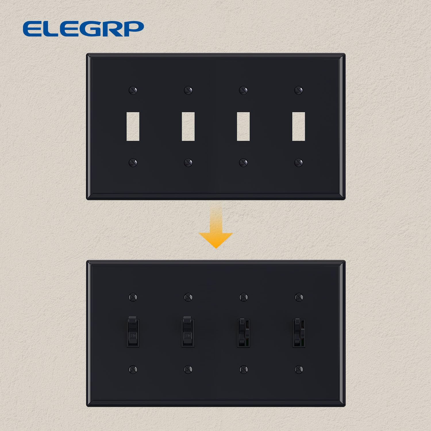 ELEGRP 4-Gang Toggle Switch Wall Plate, Mid-Size 4.88" x 8.57", Unbreakable Thermoplastic, Matte Finish, UL Listed (1 Pack)