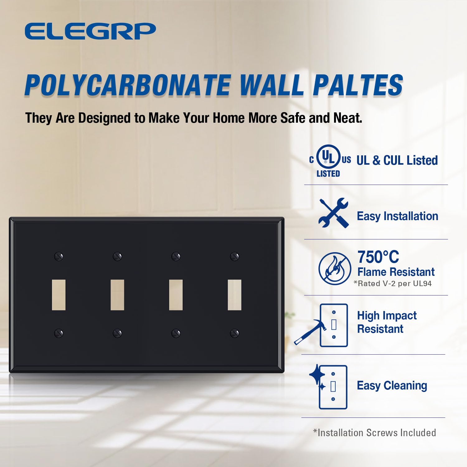 ELEGRP 4-Gang Toggle Switch Wall Plate, Mid-Size 4.88" x 8.57", Unbreakable Thermoplastic, Matte Finish, UL Listed (1 Pack)