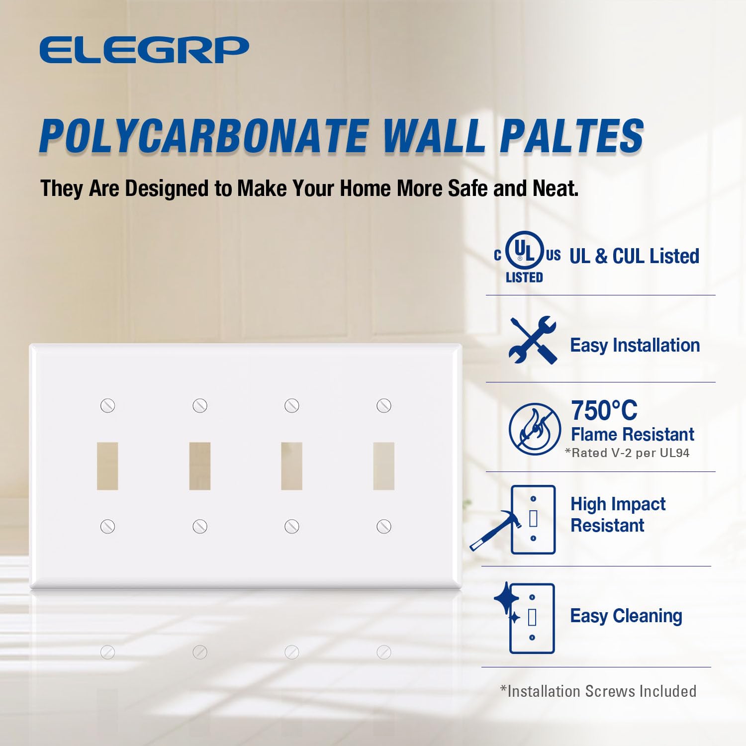 ELEGRP 4-Gang Toggle Switch Wall Plate, Mid-Size 4.88" x 8.57", Unbreakable Thermoplastic, Matte Finish, UL Listed (1 Pack)