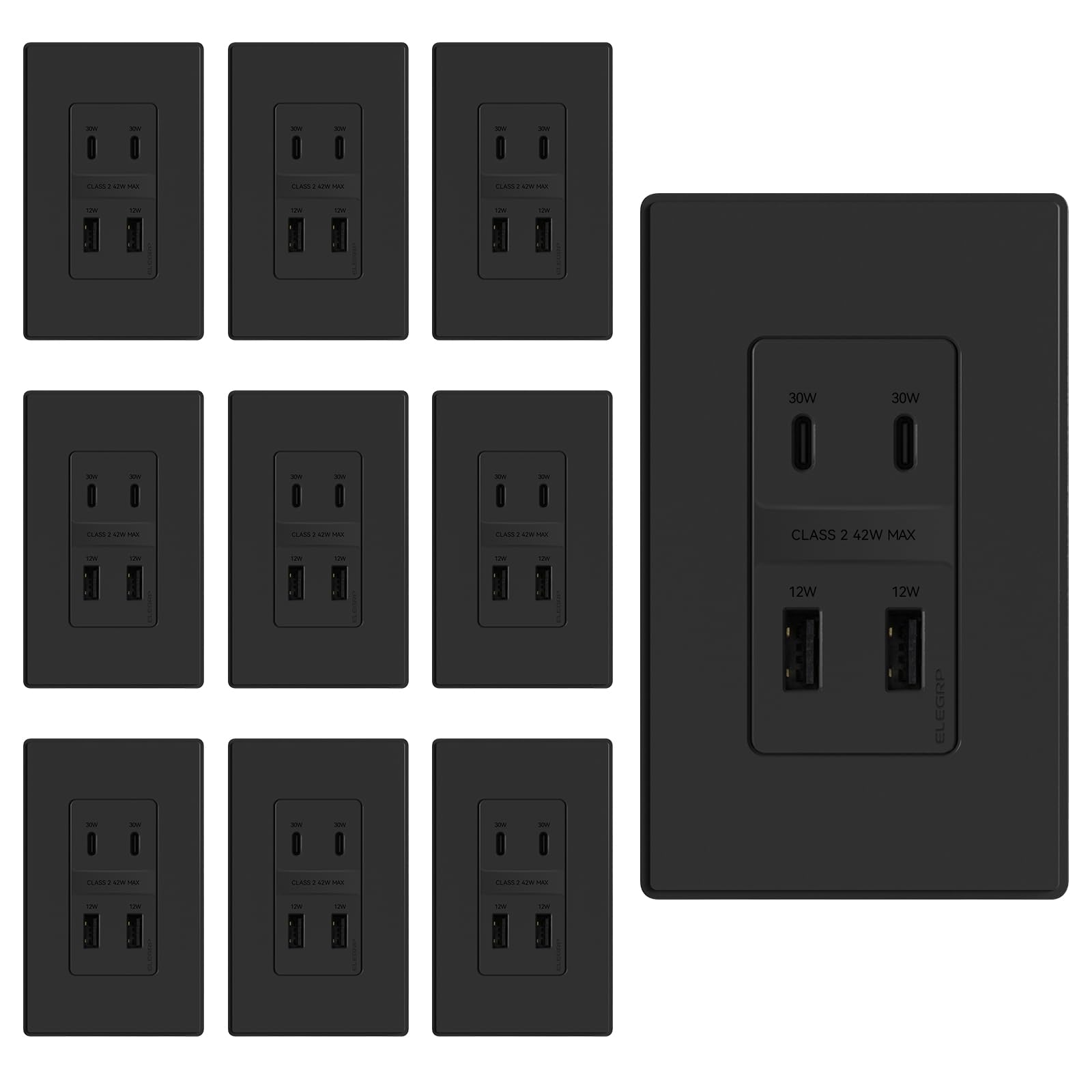 ELEGRP USB Wall Outlet, 4-Port 42W Fast Charger with Dual USB-C and Dual USB-A Ports, PD 3.0 & QC 3.0 Support, Screwless Wall Plate Included, UL Listed