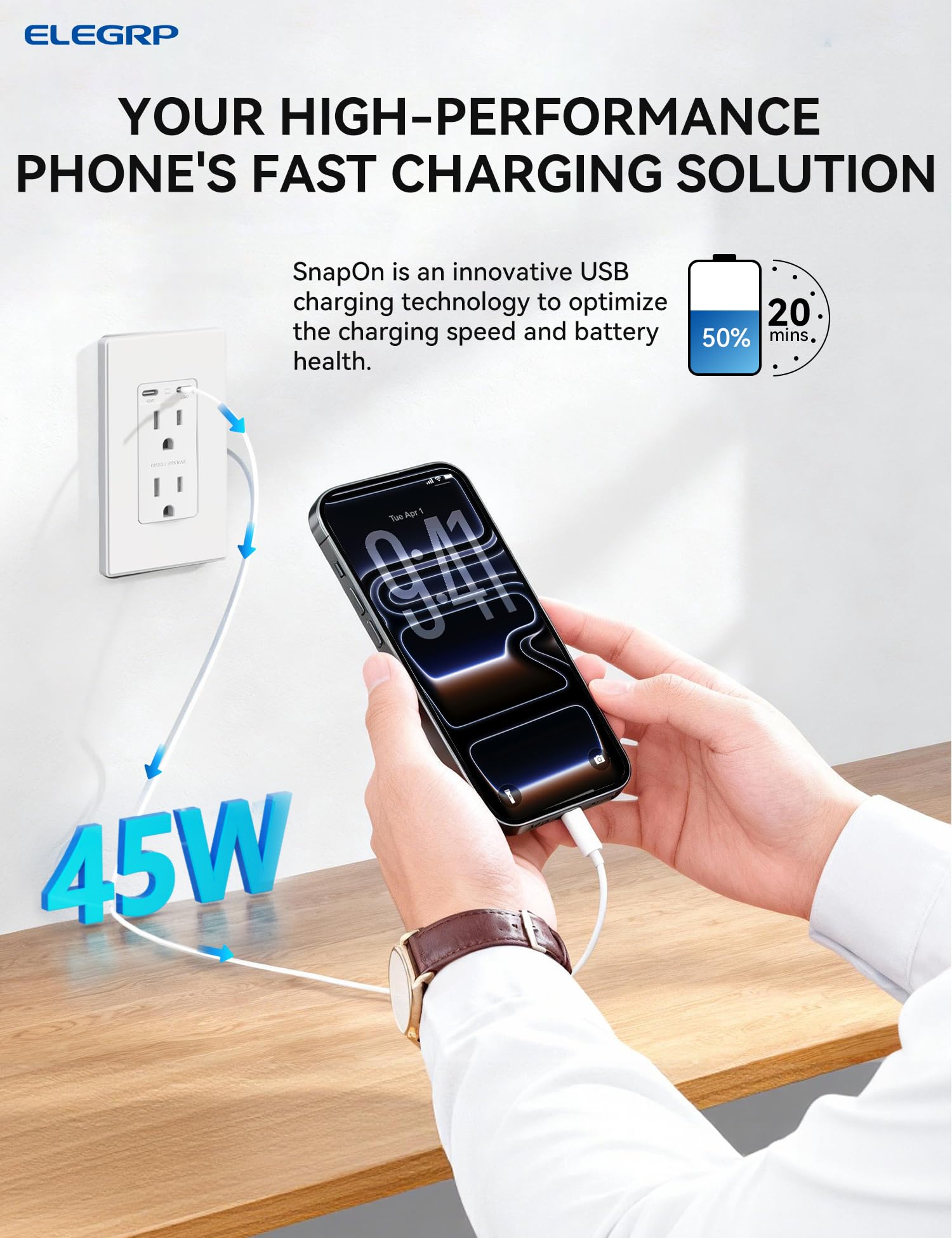 USB C/C, 45W Total Output, Fast Charging Outlet with 15A/20A, Tamper-Resistant Wall Outlet