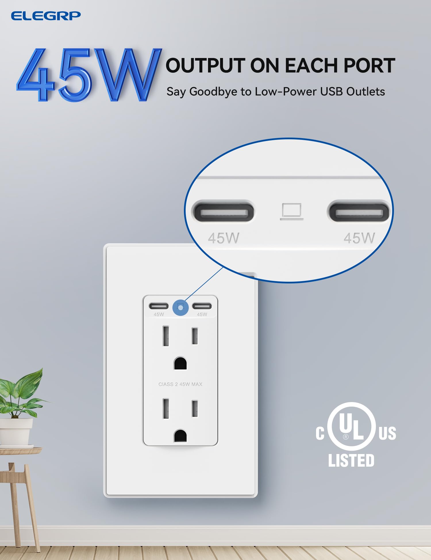 USB C/C, 45W Total Output, Fast Charging Outlet with 15A/20A, Tamper-Resistant Wall Outlet
