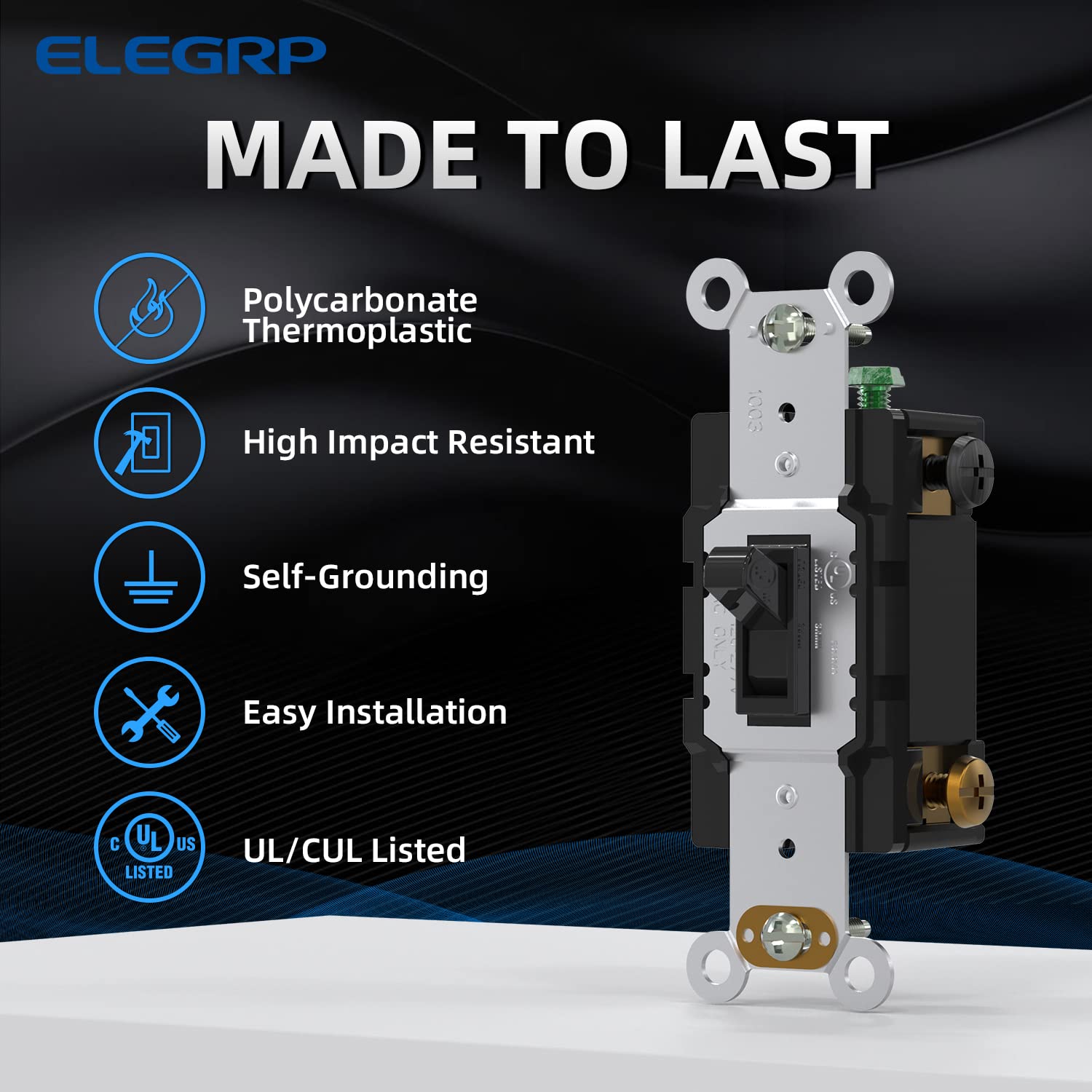 ELEGRP 4-Way Toggle Light Switch, 15 Amp, 120-277V, Quiet On/Off Wall Switch, Self-Grounding, Quick Push-In Wiring, UL Listed (10 Pack)